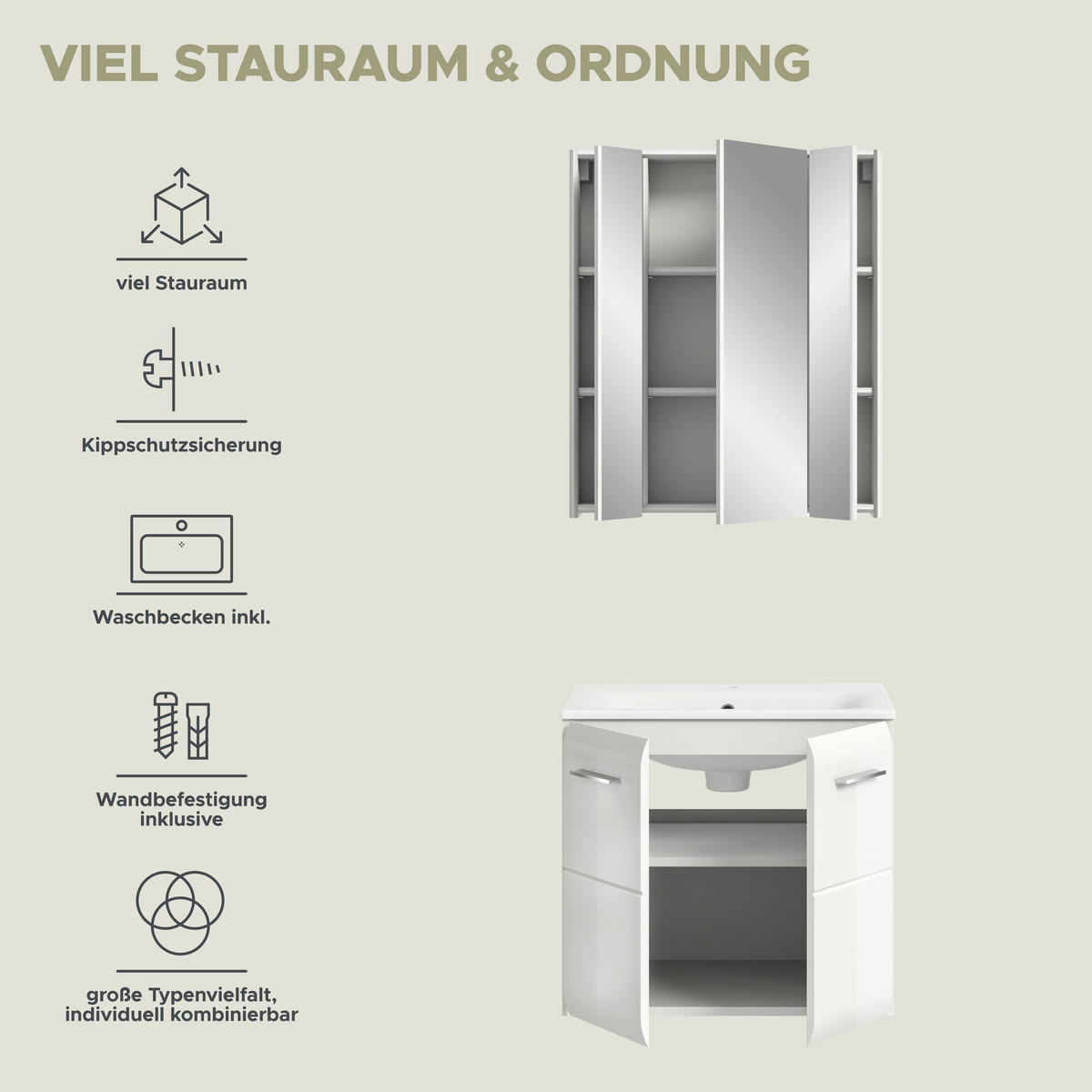 Badezimmer-Set Ice weiß weiß Hochglanz B/H/T: ca. 60x185x46 cm Ice - weiß (60,00/185,00/46,00cm) - xonox.home