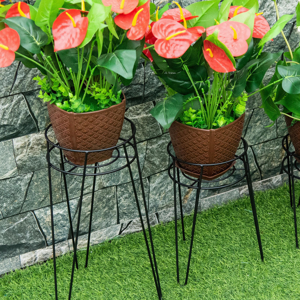 Outsunny Pflanzenständer-Set schwarz Stahl B/H/L: ca. 23x42x26 cm Pflanzenständer-Set - schwarz (26,00/23,00/42,00cm) - Outsunny