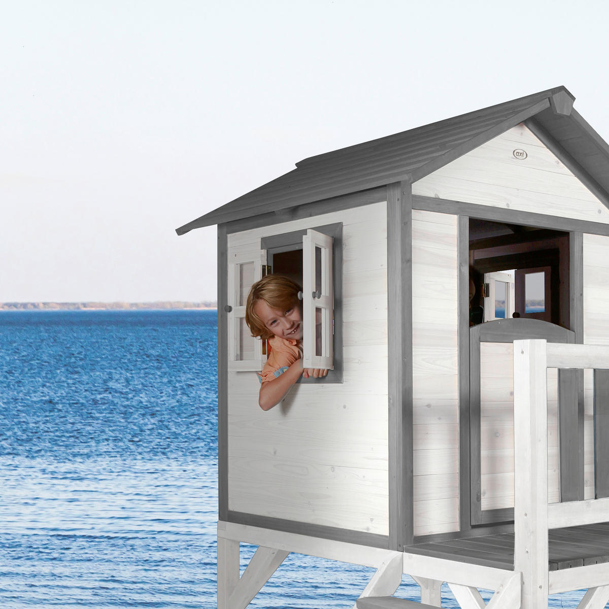 AXI Spielhaus Lodge XL grau B/H/T: ca. 240x189x167 cm Lodge XL - weiß/rot (240,00/189,00/167,00cm) - AXI
