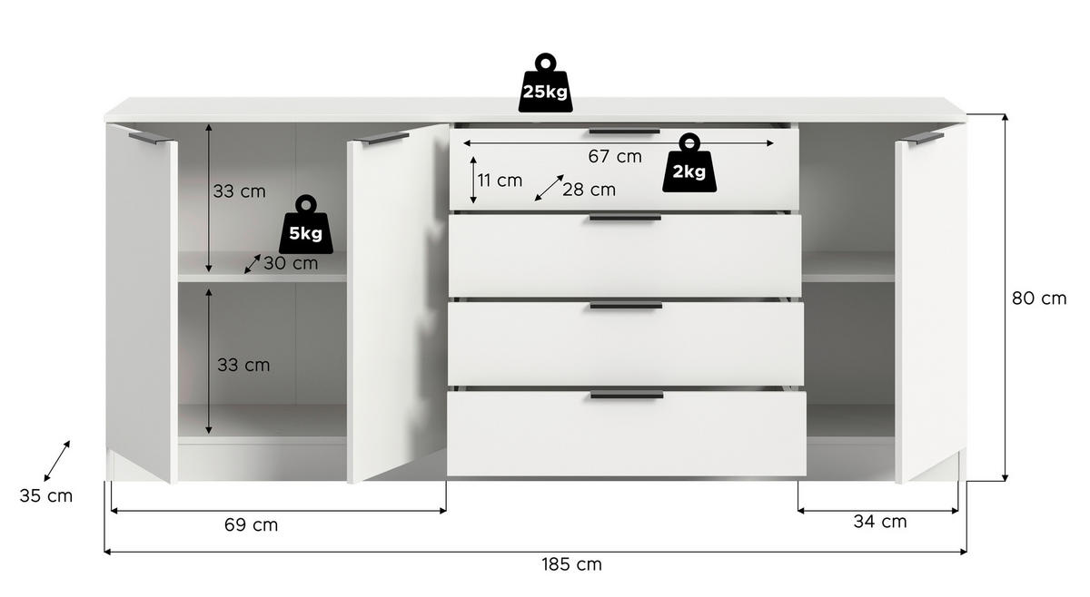 Kommode KOPENHAGEN weiß B/H/T: ca. 185x80x35 cm KOPENHAGEN - weiß (185,00/80,00/35,00cm) - xonox.home