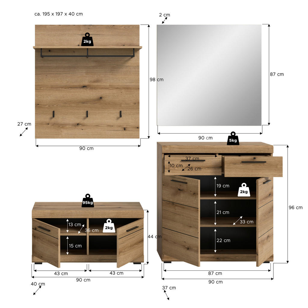 Thumbnail - Garderobe SCOUT Evoke Oak Nachbildung B/H/T: ca. 195x197x40 cm