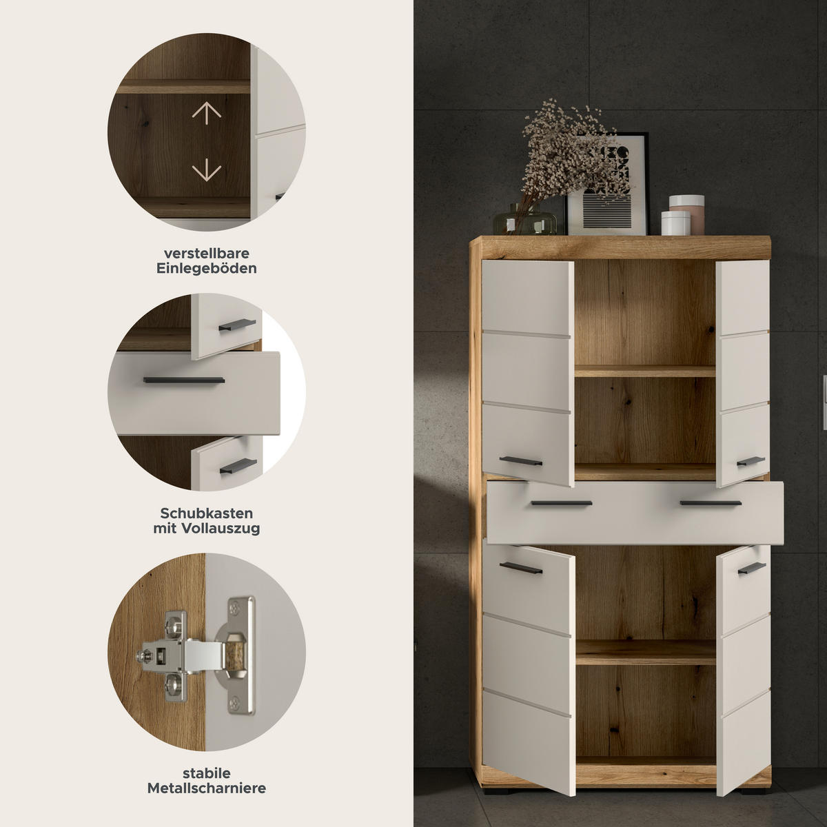 Midischrank Scout Evoke Oak Nachbildung Kaschmirgrau Nachbildung B/H/T: ca. 74x141x31 cm Scout - Kaschmirgrau (74,00/141,00/31,00cm) - xonox.home