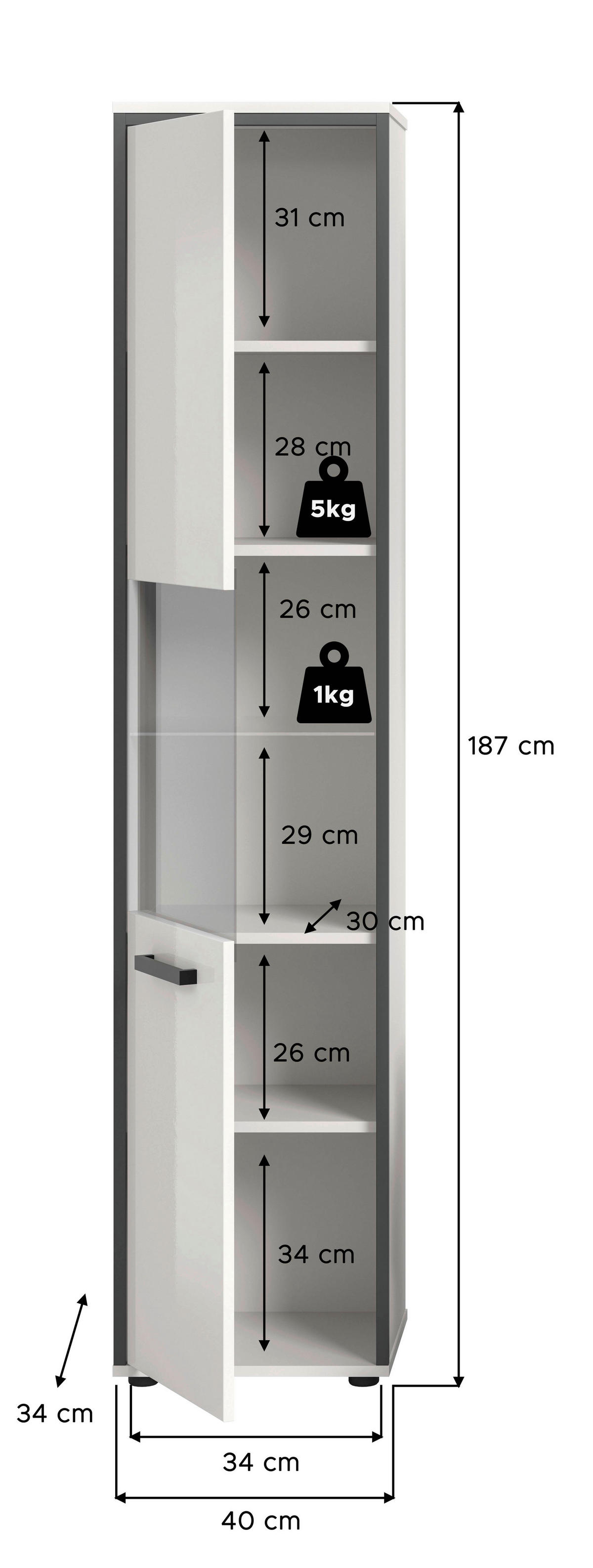 Midischrank KOJAK weiß Hochglanz anthrazit grau B/H/T: ca. 40x188x34 cm KOJAK - weiß/anthrazit (40,00/188,00/34,00cm) - xonox.home