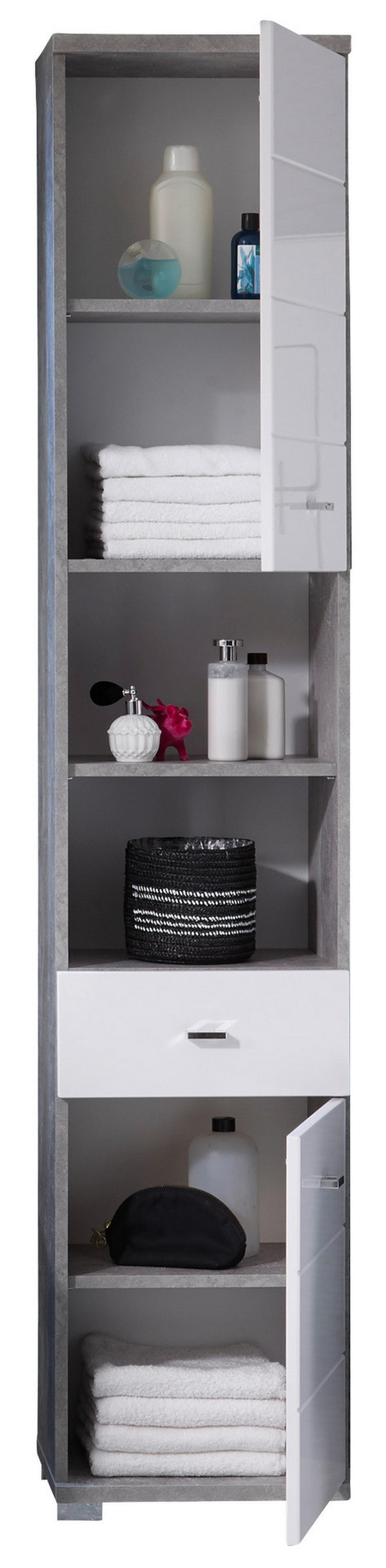 Badhochschrank Pool Beton Optik weiß Hochglanz B/H/T: ca. 38x190x30 cm Pool - Beton/weiß (38,00/190,00/30,00cm)