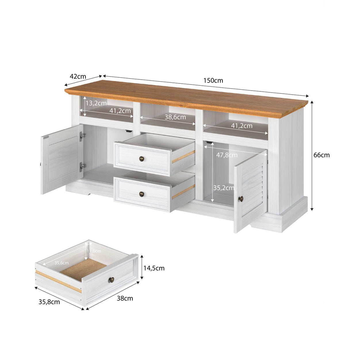 Lowboard Breda B/H/T: ca. 150x66x42 cm Breda - weiß/honig (150,00/66,00/42,00cm)