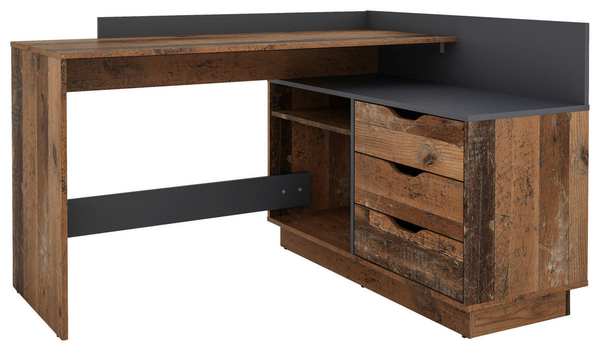 Winkelschreibtisch BELFAST anthrazit Eiche Old Wood Nachbildung B/H/T: ca. 129x83,5x105 cm BELFAST - Eiche/anthrazit (129,00/83,50/105,00cm) - byLIVING