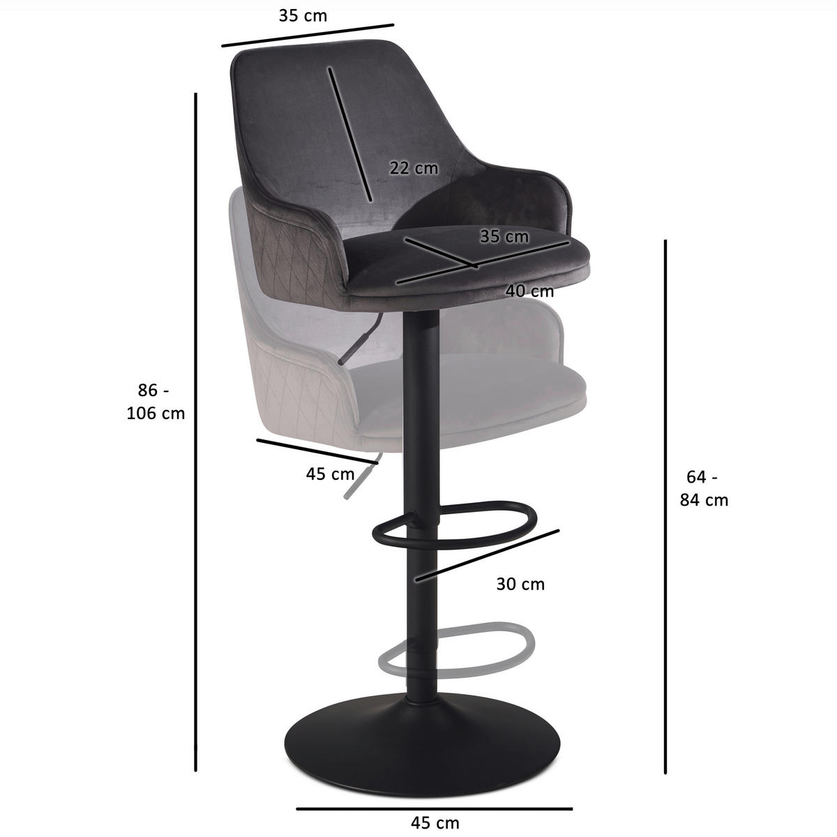 Barhocker grau schwarz Samt Eisen B/H/T: ca. 45x106x45 cm Barhocker - schwarz/grau (45,00/106,00/45,00cm) - Wohnling