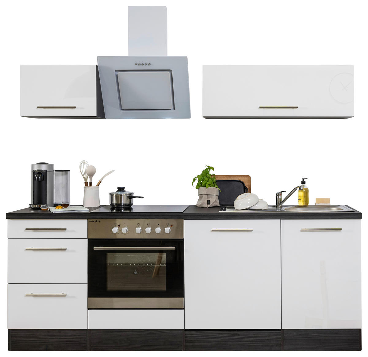 Respekta Küchenblock Amanda weiß Hochglanz B/H/T: ca. 220x200x60 cm Amanda - weiß/Edelstahloptik (220,00/200,00/60,00cm) - Respekta