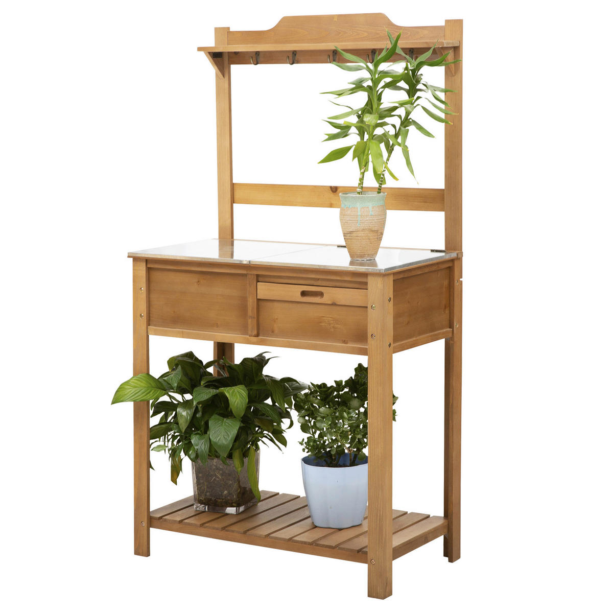 Outsunny Pflanztisch mit Haken natur B/H/L: ca. 42x142x80 cm Pflanztisch 845-375 - natur (80,00/42,00/142,00cm) - Outsunny