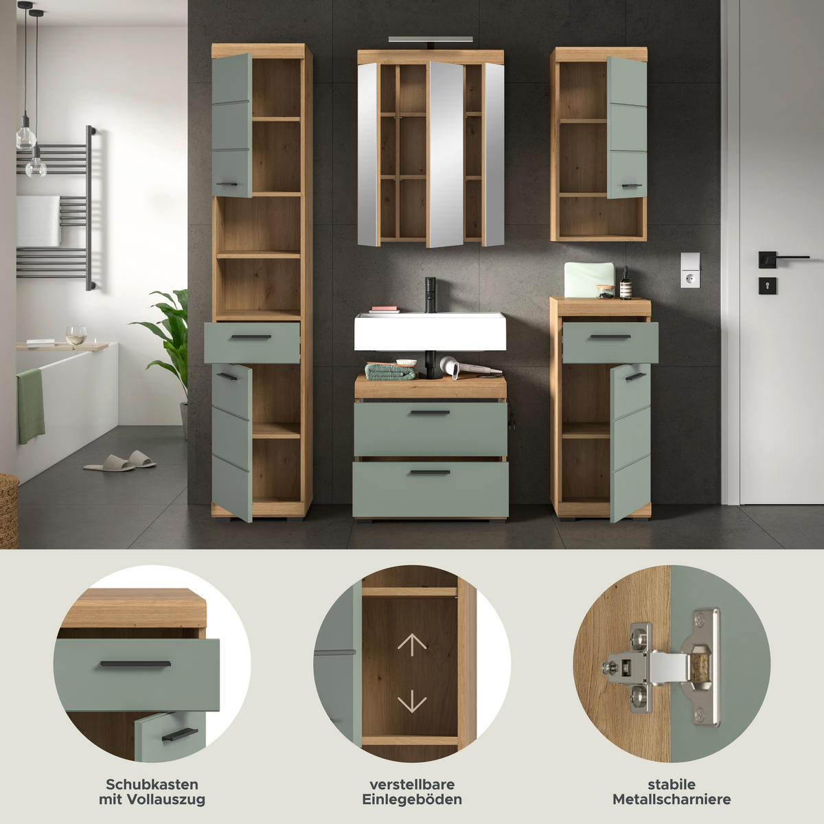 Badezimmer-Set Scout Eiche Artisan Nachbildung salbei Nachbildung B/H/T: ca. 164x191x37 cm Scout - Eiche/salbei (164,00/191,00/37,00cm) - xonox.home