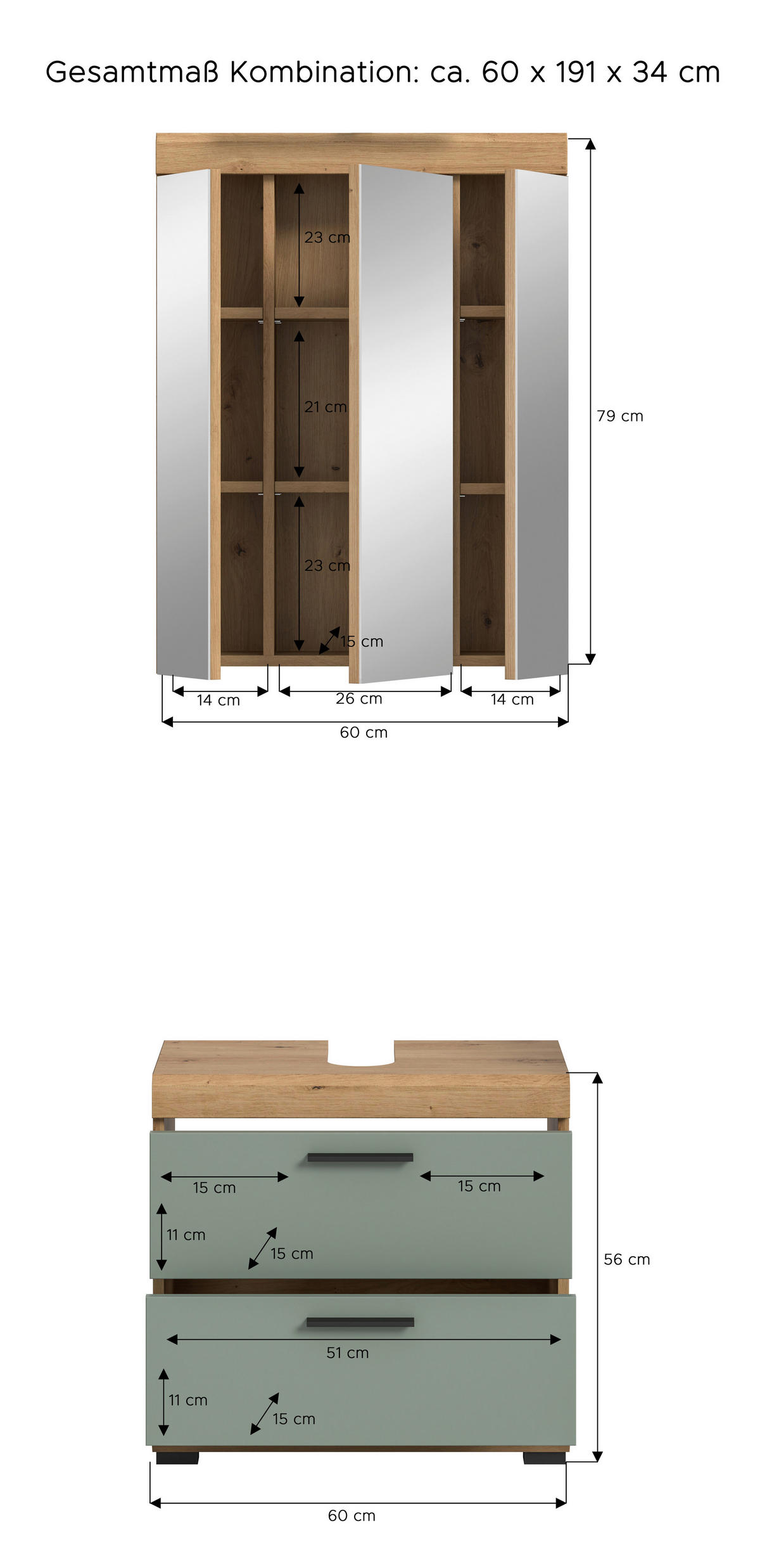 Badezimmer-Set Scout Eiche Artisan Nachbildung salbei Nachbildung B/H/T: ca. 60x191x37 cm Scout - Eiche/salbei (60,00/191,00/37,00cm) - xonox.home