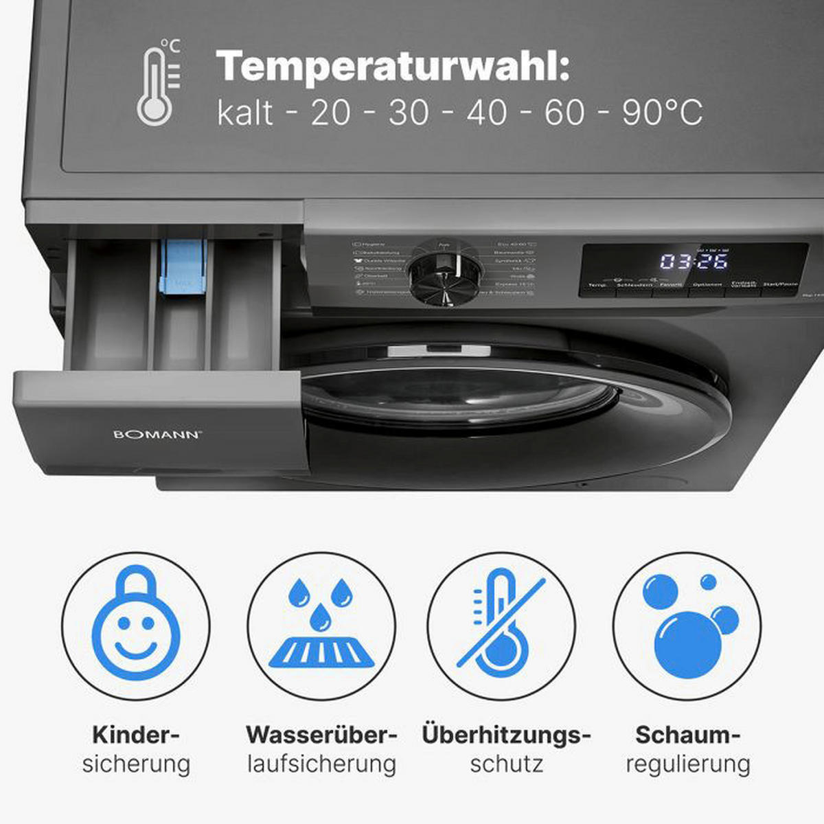 Bomann Waschmaschine WA 7185 T schwarz B/H/T: ca. 60x85x54 cm ca. 8 kg Waschmaschine WA 7185 T - schwarz/titanfarbig (60,00/85,00/54,00cm) - Bomann