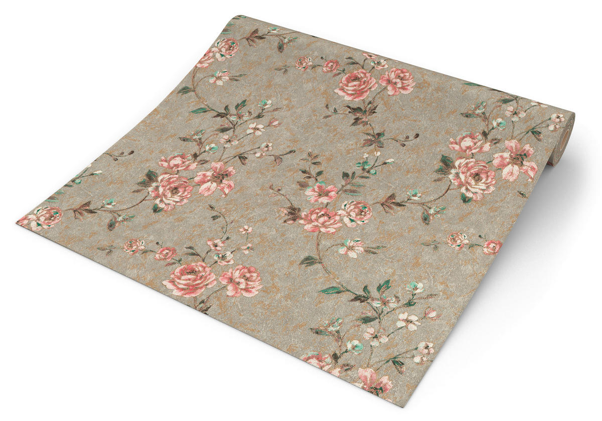 Rasch Vliestapete Blumen grau rosa gold B/L: ca. 53x1005 cm Vliestapete_509052 - gold/rosa (53,00/1005,00cm) - Rasch