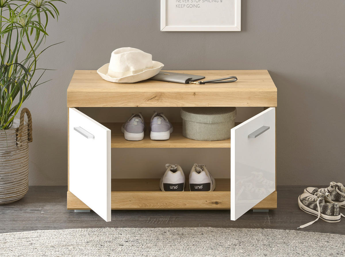 Sitzbank Nola Eiche Artisan Nachbildung weiß Hochglanz B/H/T: ca. 80x49x38 cm Nola - Eiche/weiß (80,00/49,00/38,00cm)