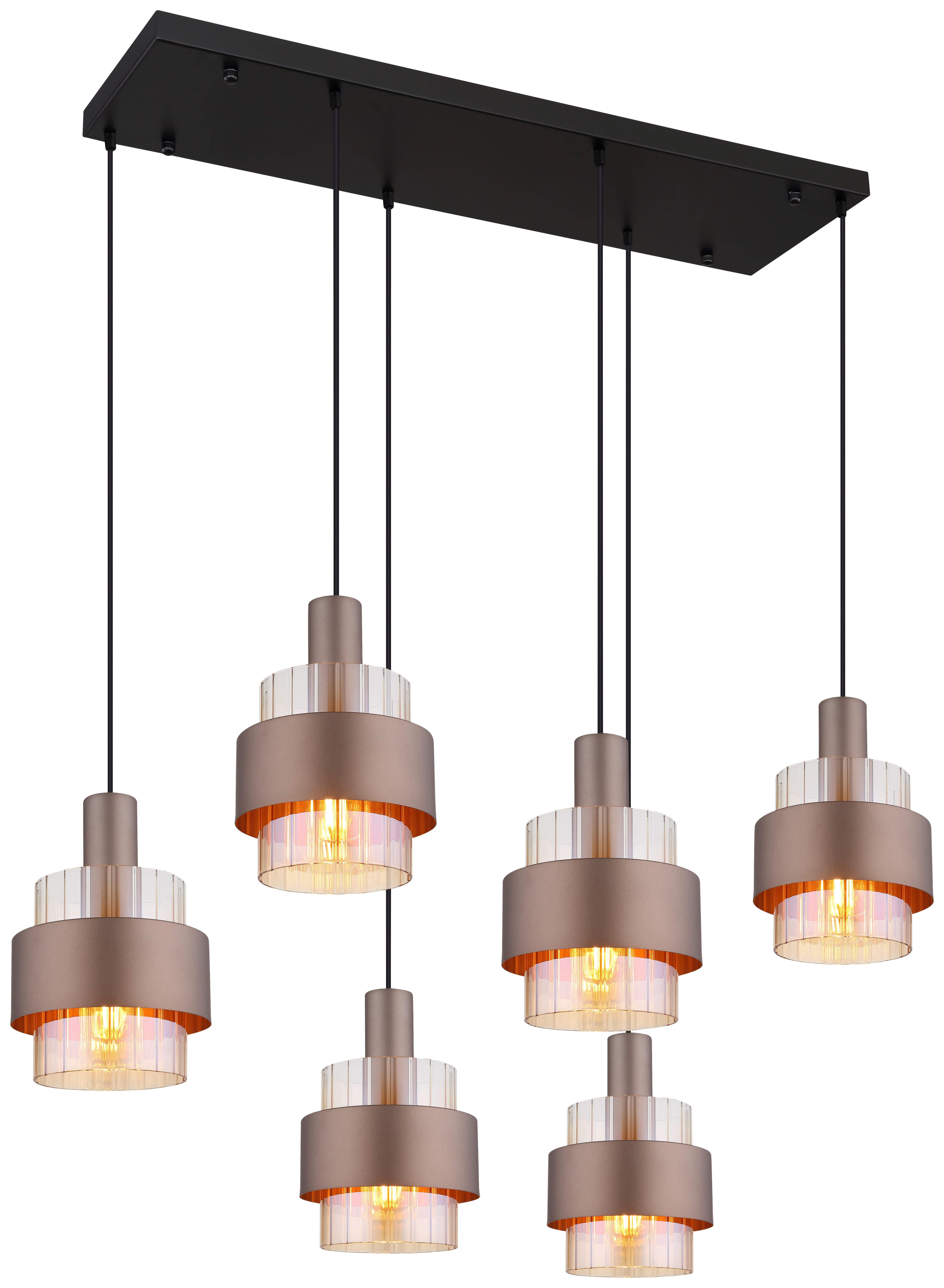 GLOBO Pendelleuchte schwarz amber Metall Glas B/H/L: ca. 34,5x150x96 cm E27 6 Brennstellen MILLEY - schwarz/amber (96,00/34,50/150,00cm) - GLOBO