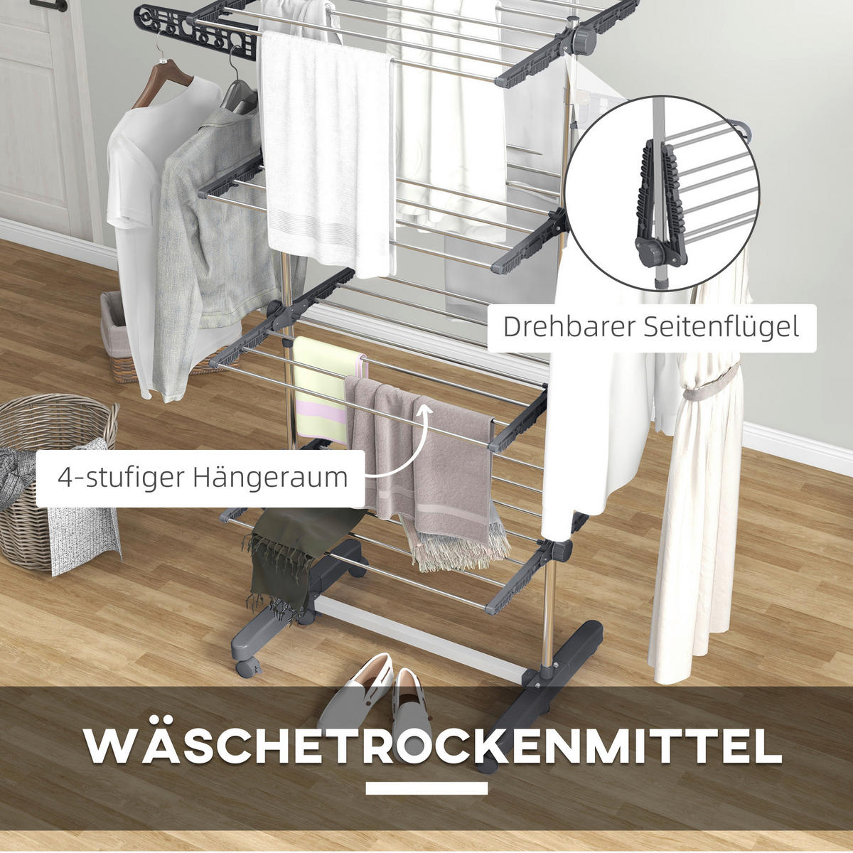 HOMCOM Wäscheständer grau Edelstahl B/H/L: ca. 55x142x172 cm Trockenständer - grau (172,00/55,00/142,00cm) - HOMCOM