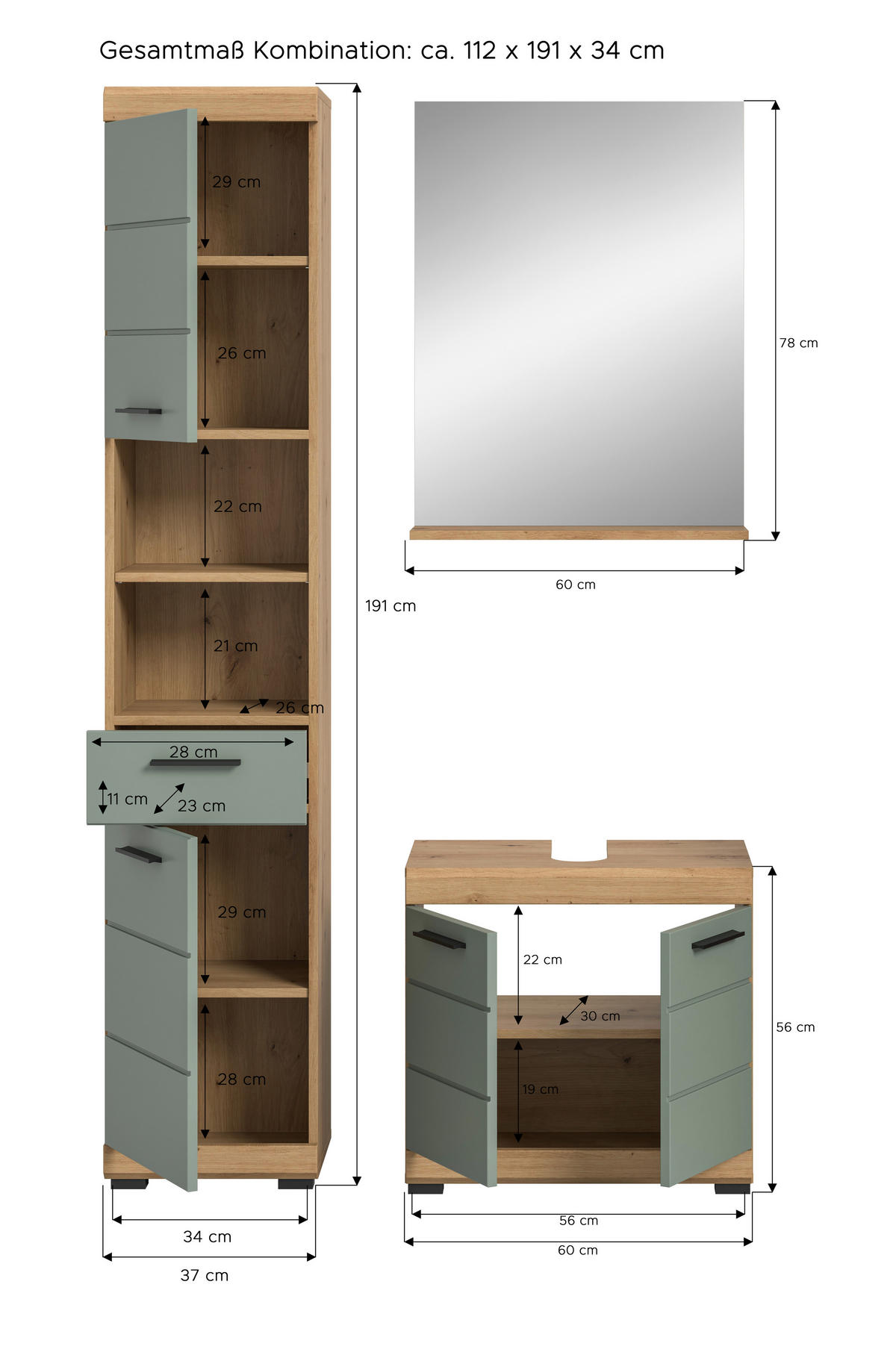 Badezimmer-Set Scout Eiche Artisan Nachbildung salbei Nachbildung B/H/T: ca. 112x191x34 cm Scout - Eiche/salbei (112,00/191,00/34,00cm) - xonox.home