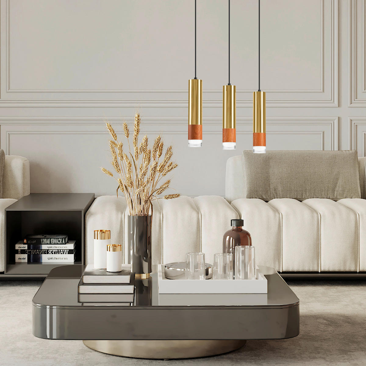 Lamkur Pendelleuchte gold Stahl Glas B/H/L: ca. 8x95x45 cm GU10 3 Brennstellen AURELIA - gold (45,00/8,00/95,00cm) - Lamkur