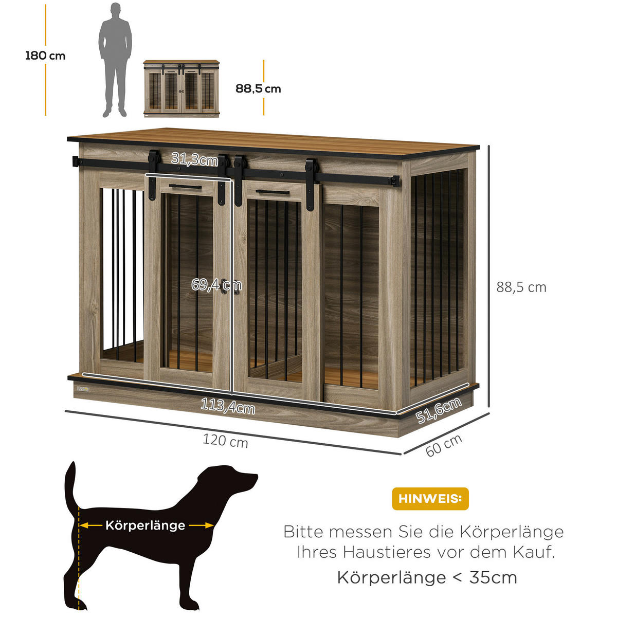 PawHut Hunde-Zubehör Eiche Polypropylen B/H/L: ca. 60x120x88,5 cm Hundekäfig - Eiche (88,50/60,00/120,00cm) - PawHut