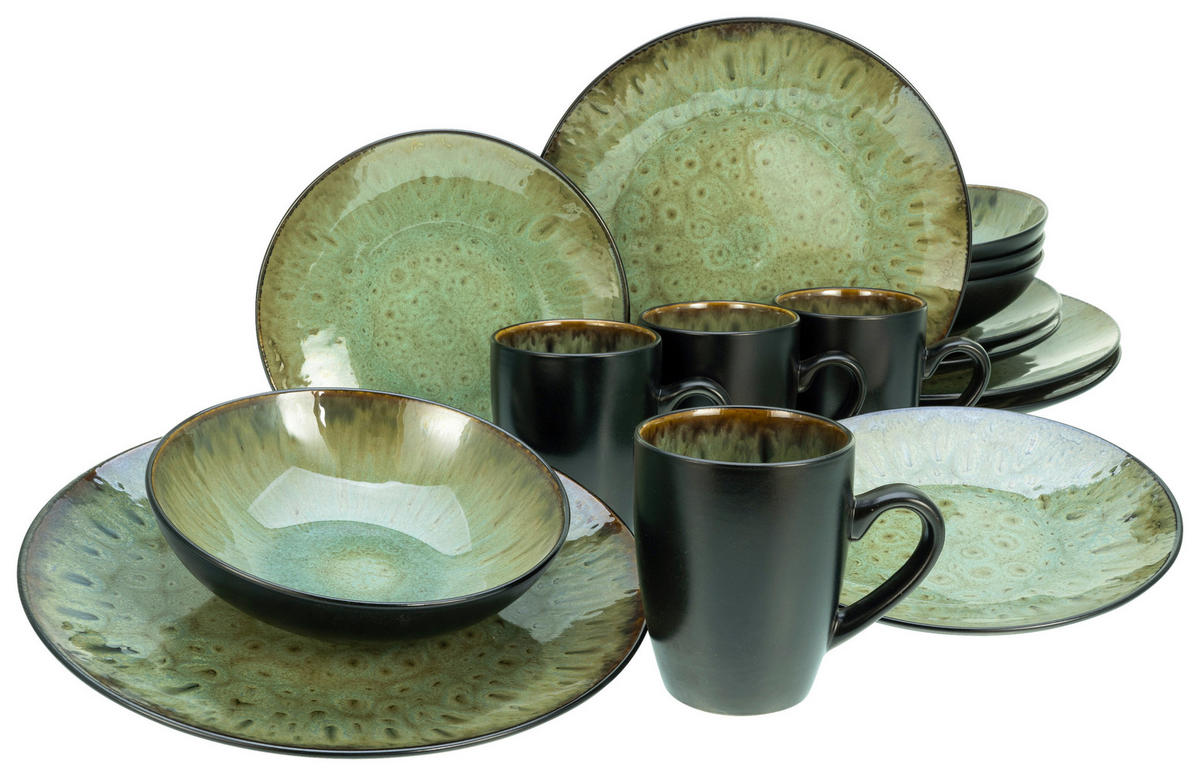 CreaTable Kombiservice Jawa grün Steinzeug 16 tlg. Jawa - schwarz/grün - CreaTable