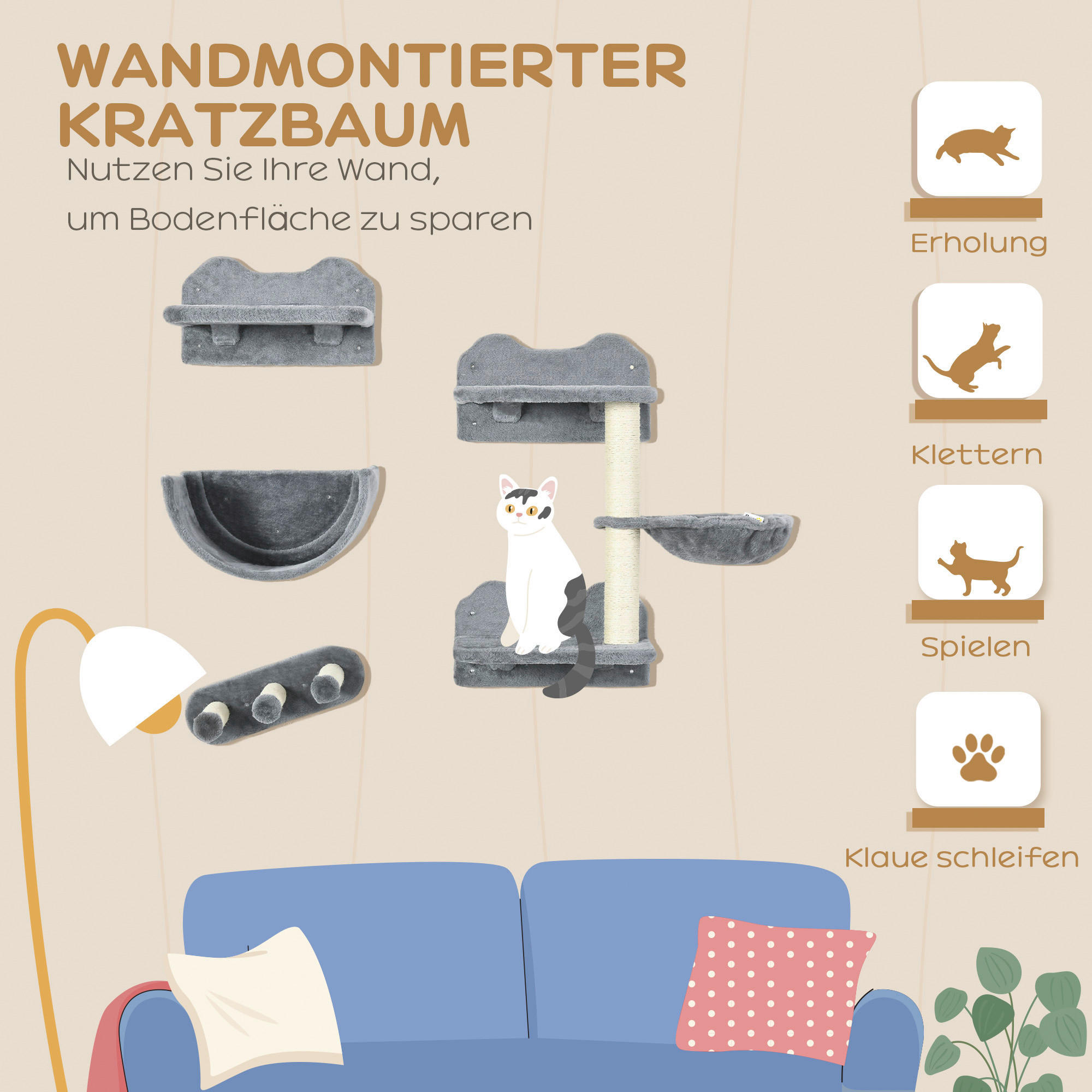 PawHut Katzen Kletterwand grau Polyester B/H/L: ca. 28x73x40 cm Katzen Kletterwand - grau (40,00/28,00/73,00cm) - PawHut