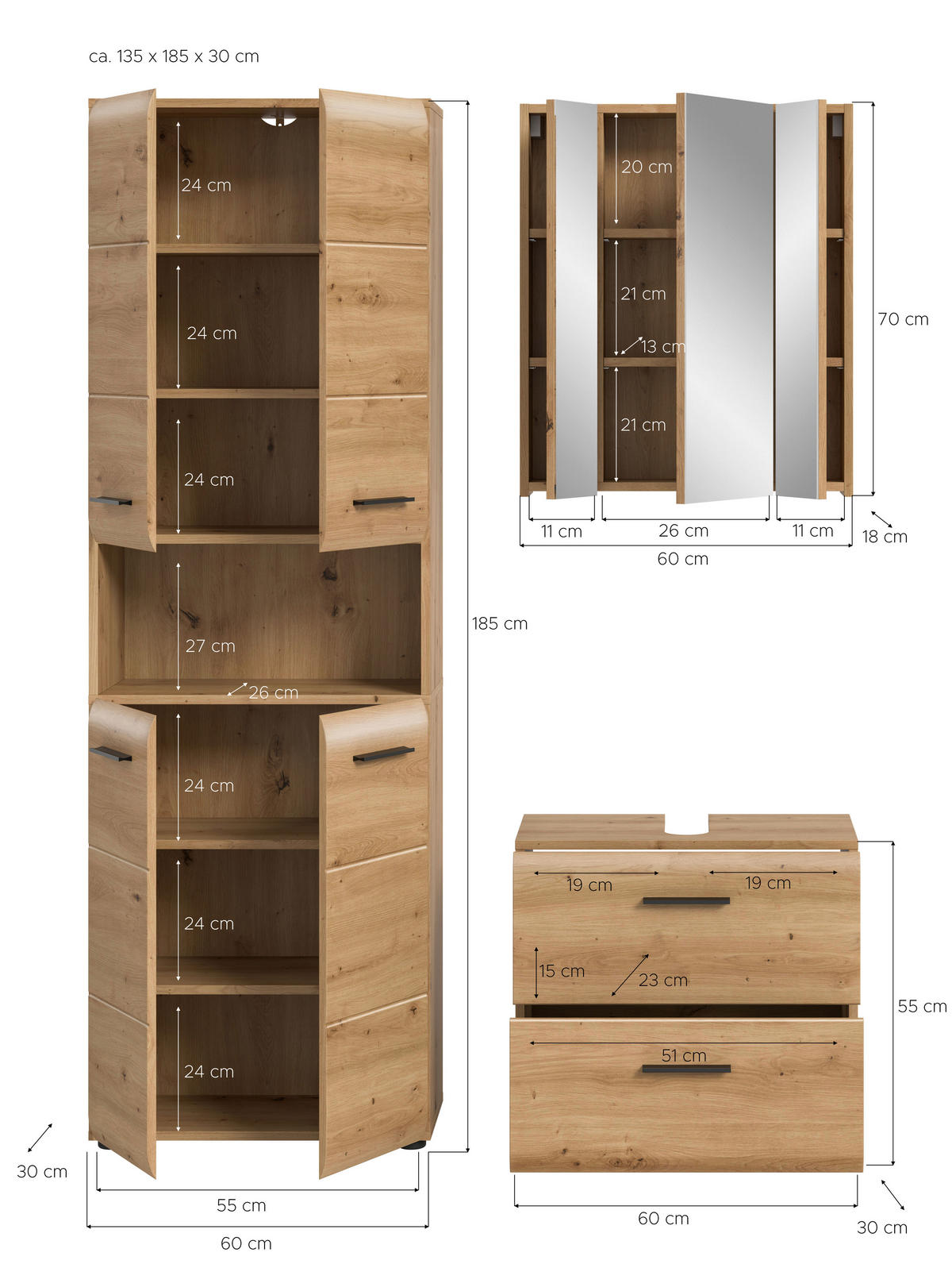 Badezimmer-Set Ice Artisan Oak Nachbildung B/H/T: ca. 135x185x30 cm Ice - (135,00/185,00/30,00cm) - xonox.home
