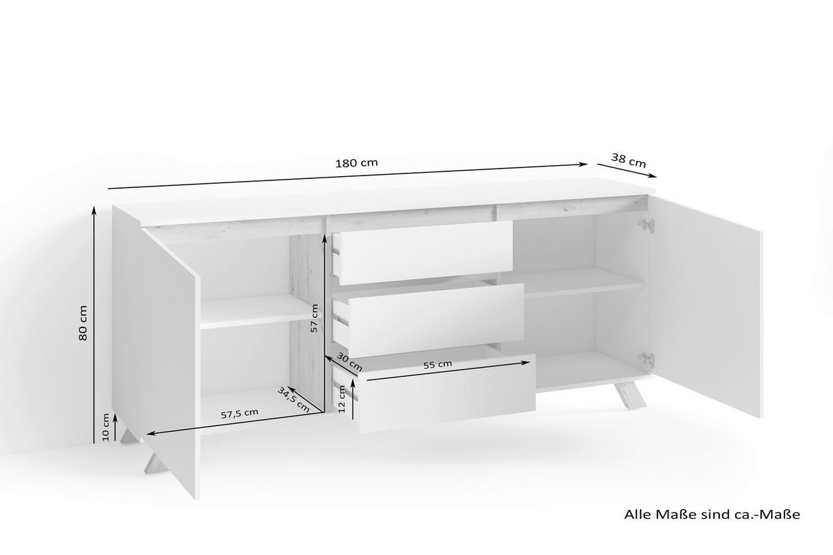 Sideboard VALENTIN weiß Eiche Nachbildung B/H/T: ca. 180x80x38 cm VALENTIN - Eiche/weiß (180,00/80,00/38,00cm) - byLIVING
