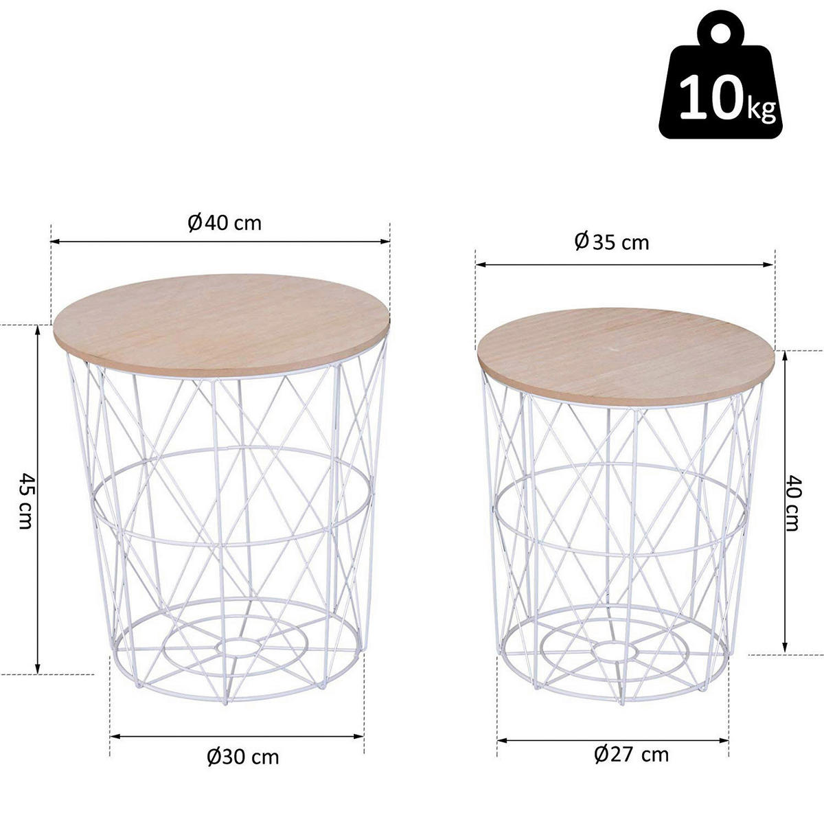HOMCOM Beistelltische 2teilig natur Metall H/D: ca. 45x40 cm 2teilig - weiß/natur (40,00/45,00cm) - HOMCOM