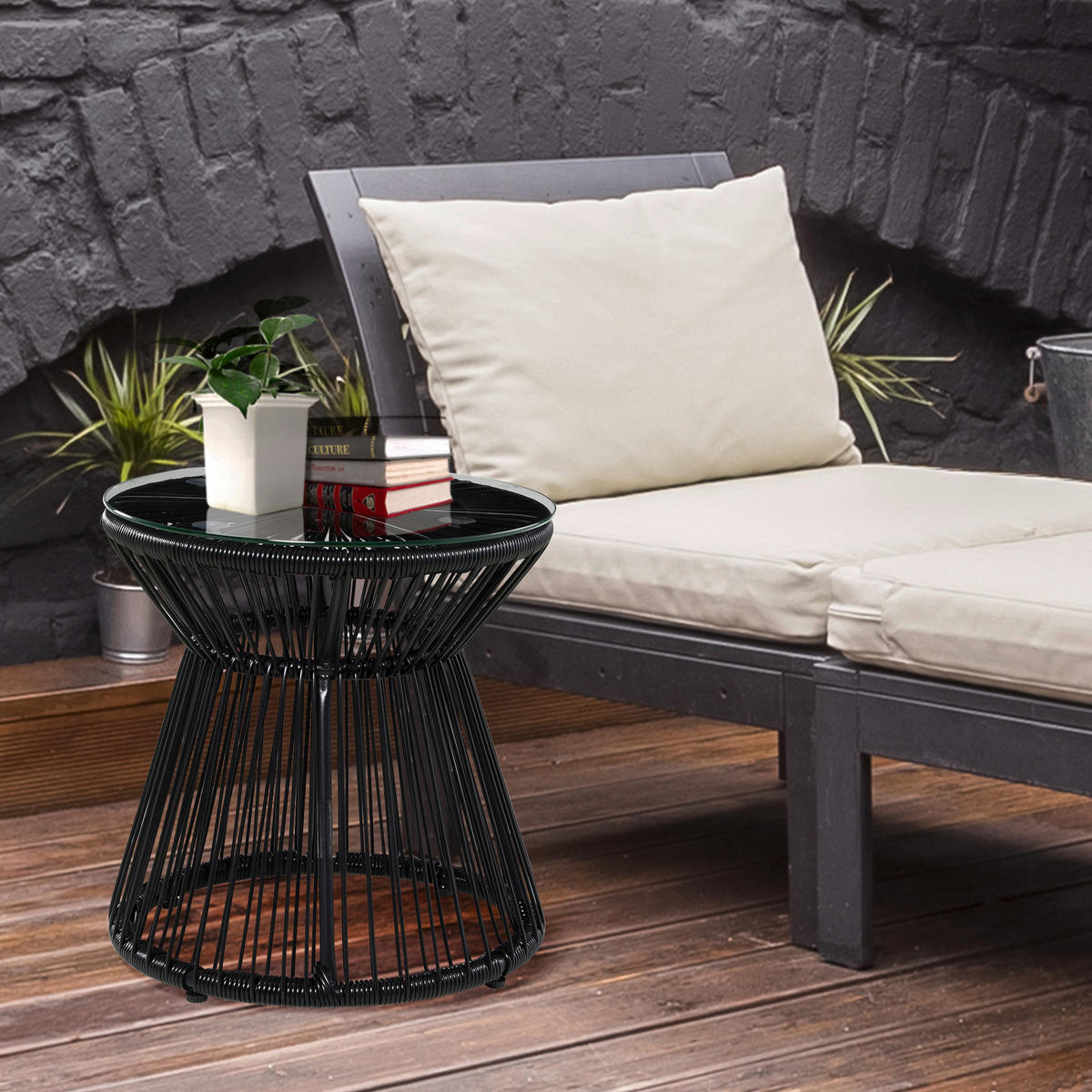 Outsunny Beistelltisch schwarz Eisen B/H/L: ca. 40x40x42 cm Rattan_Beistelltisch - schwarz (42,00/40,00/40,00cm) - Outsunny