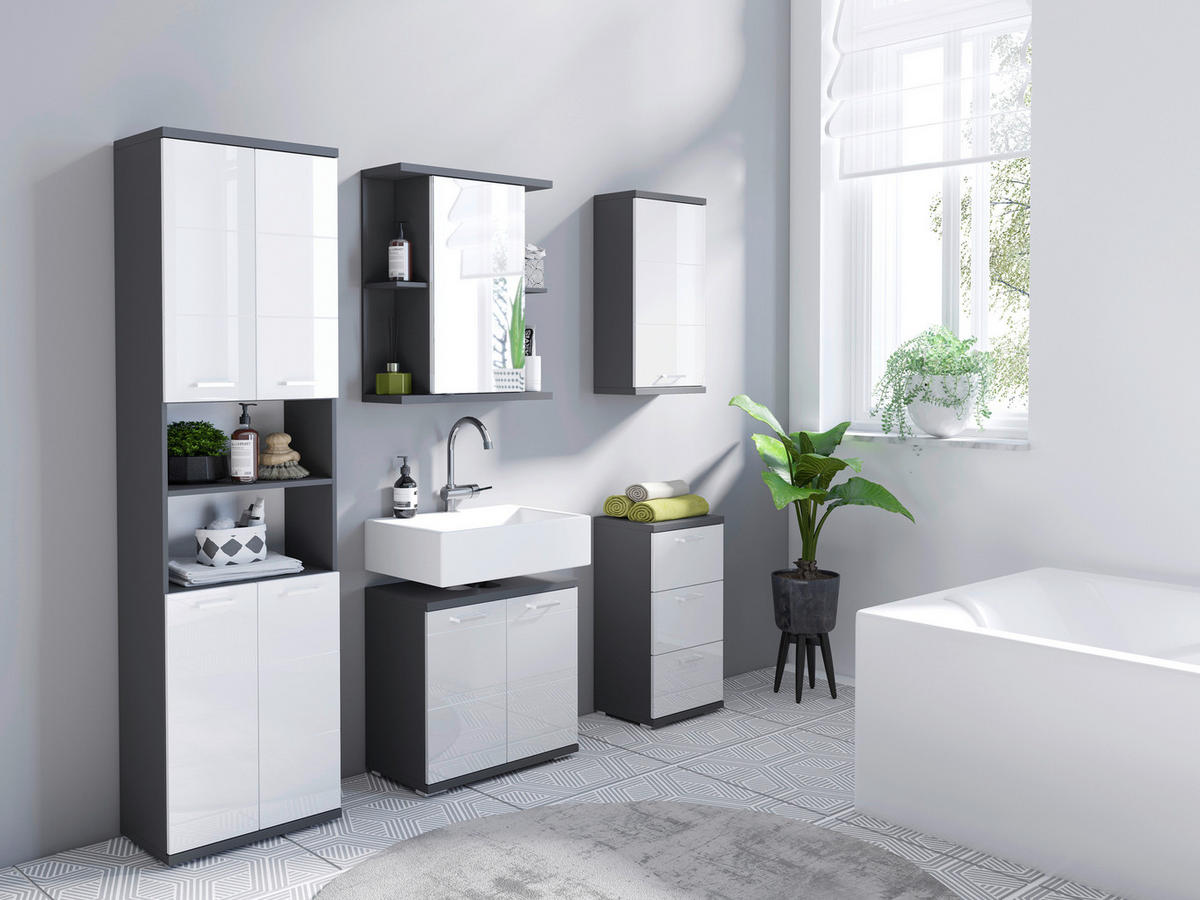 Schrank NEBRASKA anthrazit weiß Lack Hochglanz silber verchromt B/H/T: ca. 35,5x74x31,5 cm NEBRASKA - weiß/anthrazit (35,50/74,00/31,50cm) - byLIVING