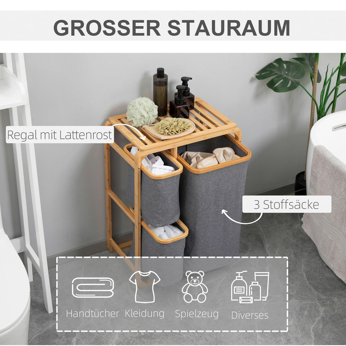 HOMCOM Wäschekorb natur B/H/L: ca. 32x50x69,7 cm Wäschekorb - natur/grau (69,70/32,00/50,00cm) - HOMCOM