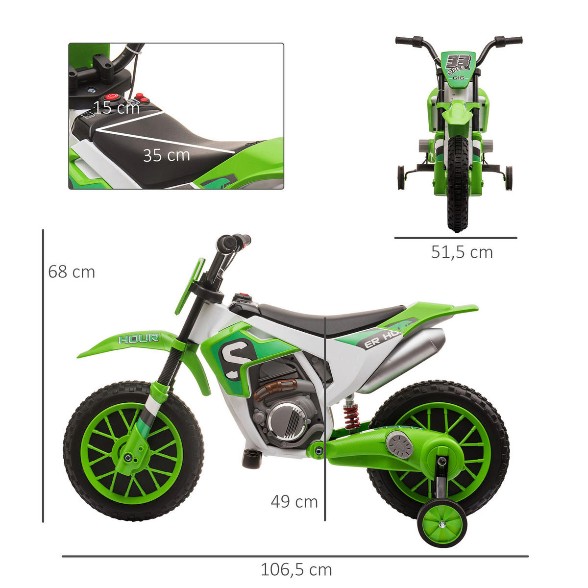 HOMCOM Kinder-Elektromotorrad grün B/H/L: ca. 51,5x68x106,5 cm Kinder-Elektromotorrad - grün (106,50/51,50/68,00cm) - HOMCOM