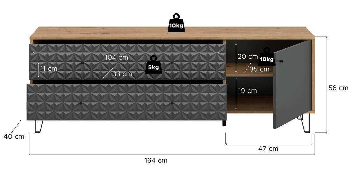 Lowboard PRISMA Artisan Oak Nachbildung anthrazit matt B/H/T: ca. 164x56x40 cm PRISMA - anthrazit (164,00/56,00/40,00cm) - xonox.home