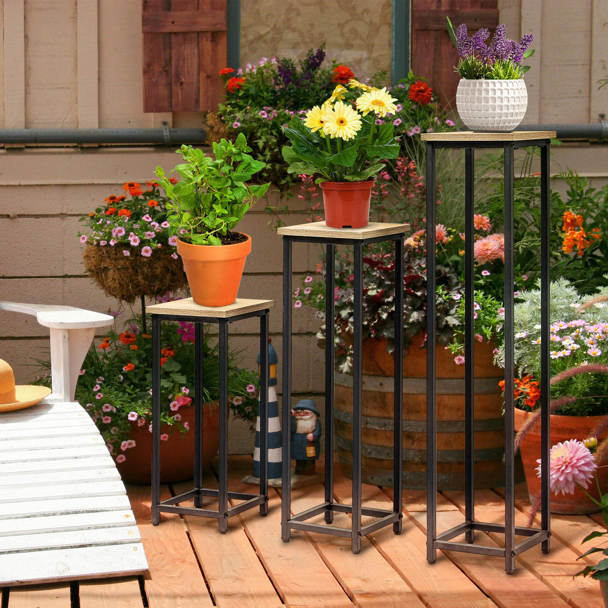 Outsunny Pflanzenständerset schwarz Stahl B/H/L: ca. 21x90x21 cm Pflanzenständerset - braun/schwarz (21,00/21,00/90,00cm) - Outsunny