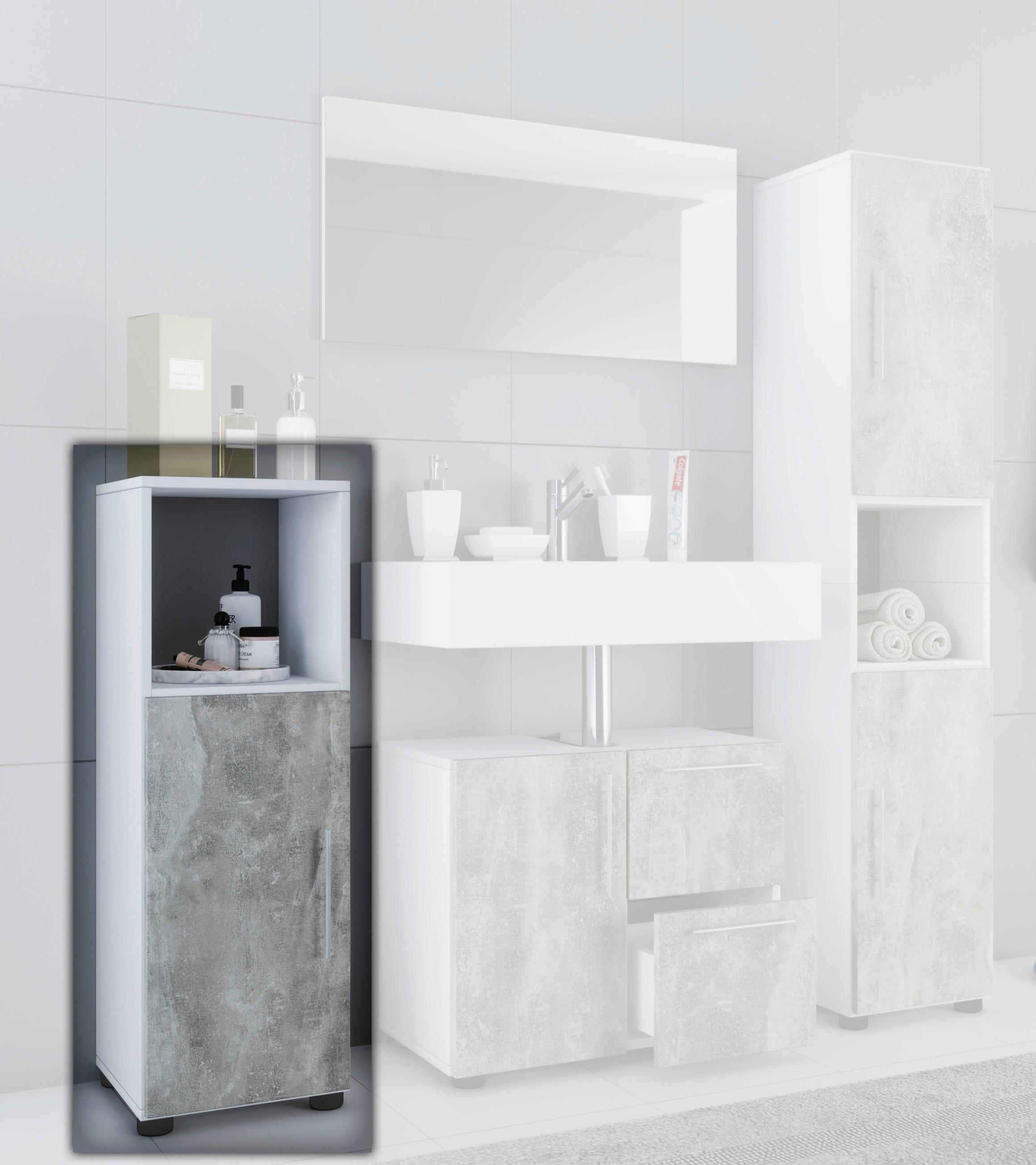 Midischrank Flandu weiß Beton Optik B/H/T: ca. 31x93x32 cm Flandu - Beton/weiß (31,00/93,00/32,00cm) - VCM Möbel