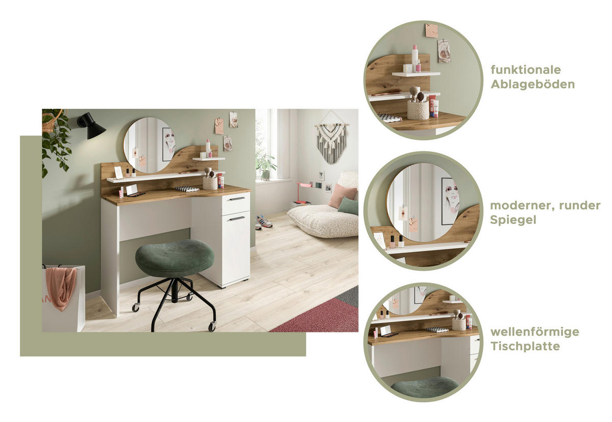 Schminktisch Vanity weiß Nox Oak Nachbildung B/H/T: ca. 110x135x46 cm Vanity - weiß (110,00/135,00/46,00cm)