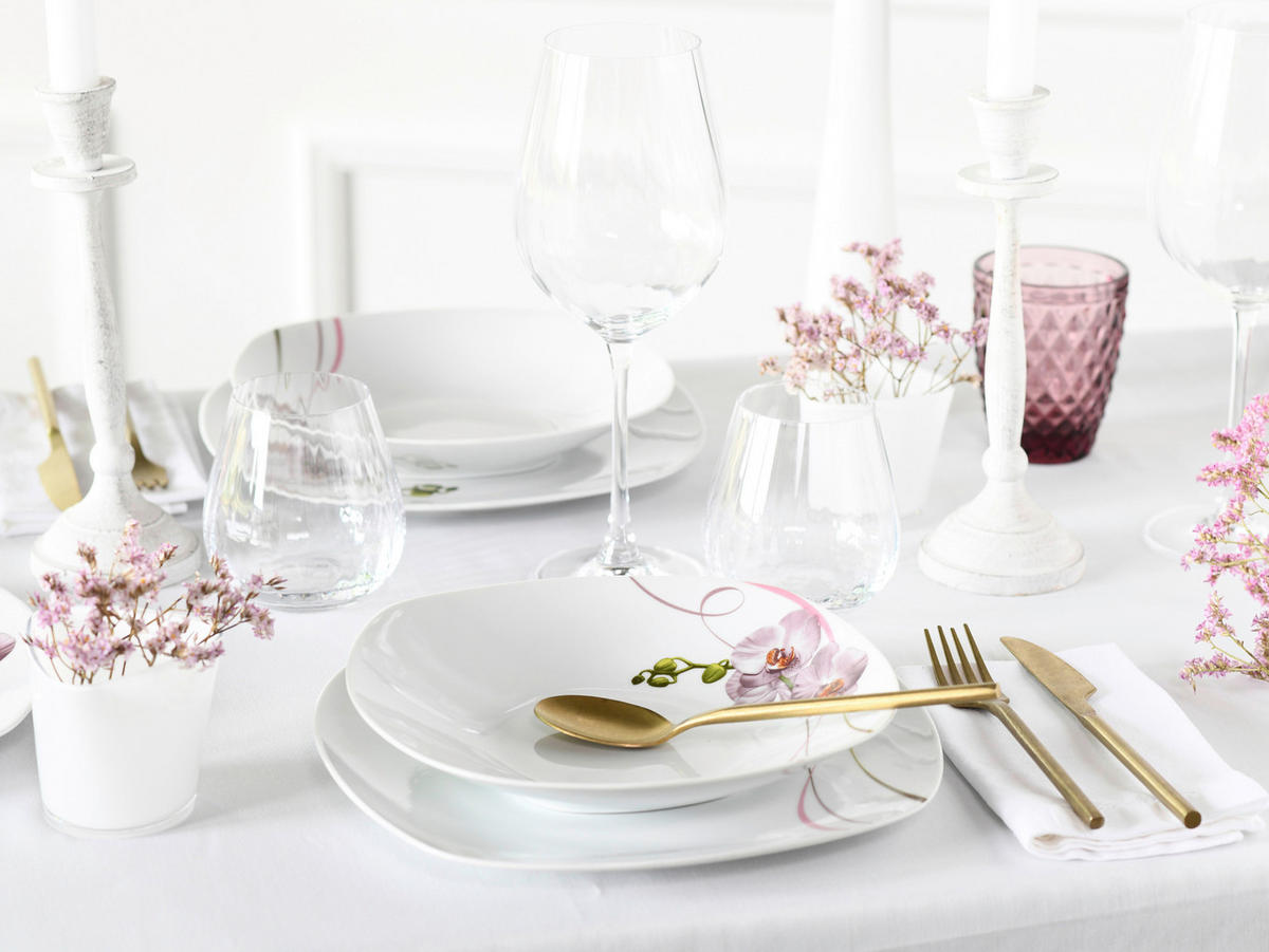CreaTable Kombiservice Square Orchidee weiß Porzellan 62 tlg. Square Orchidee - weiß/mauve - CreaTable