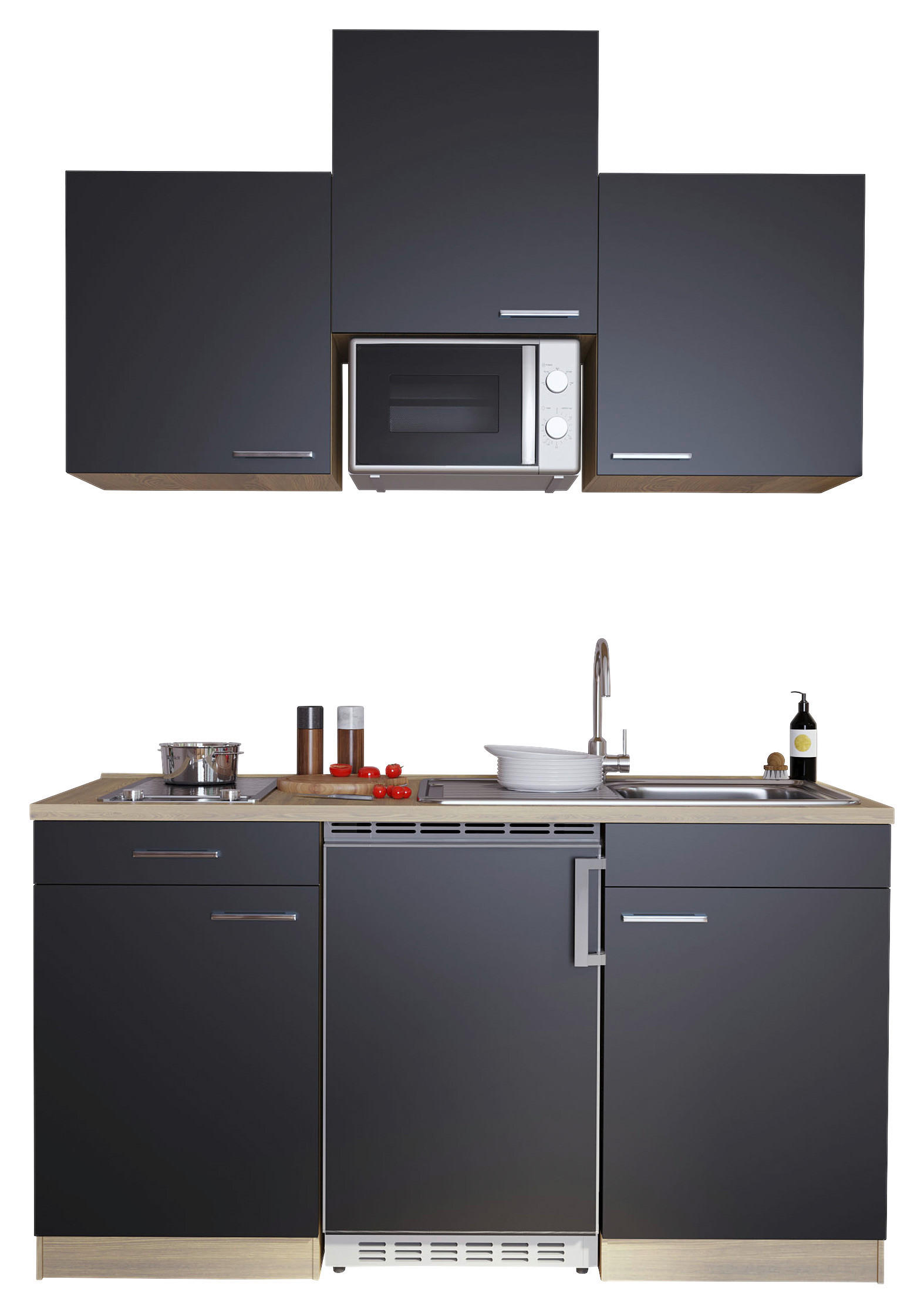 Respekta Küchenzeile KB150ESSMIC 150 cm Schwarz-Eiche Sägeräu Nachbildung