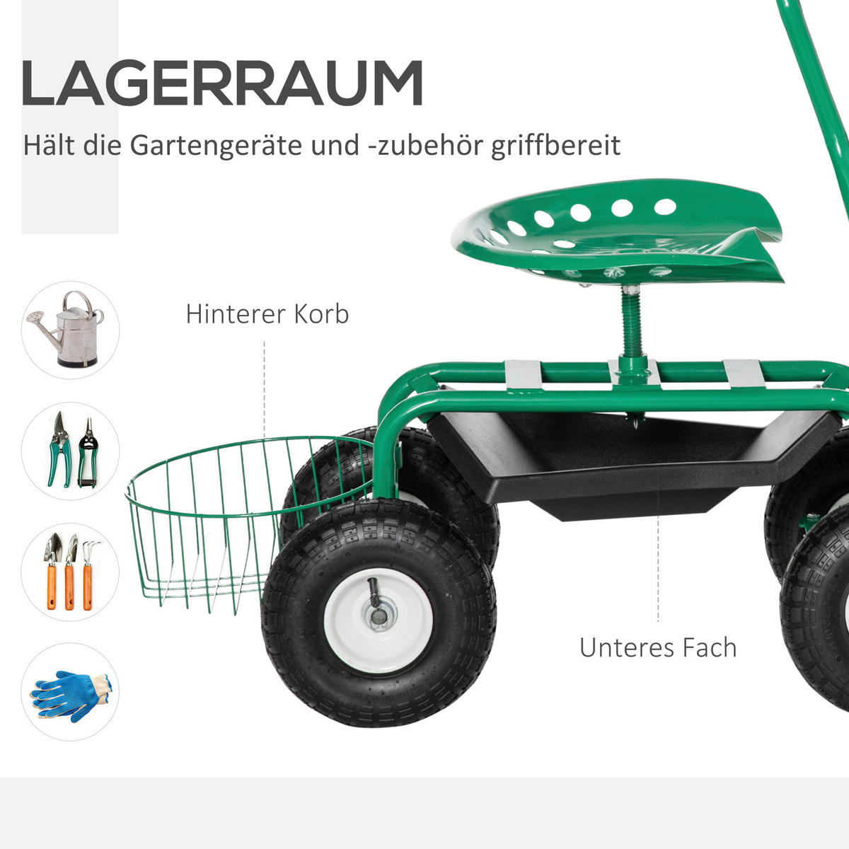 Outsunny Fahrbarer Gartensitz grün Gummi B/H/L: ca. 44,5x59x81 cm Gartenwagen_fahrbar - grün (81,00/44,50/59,00cm) - Outsunny