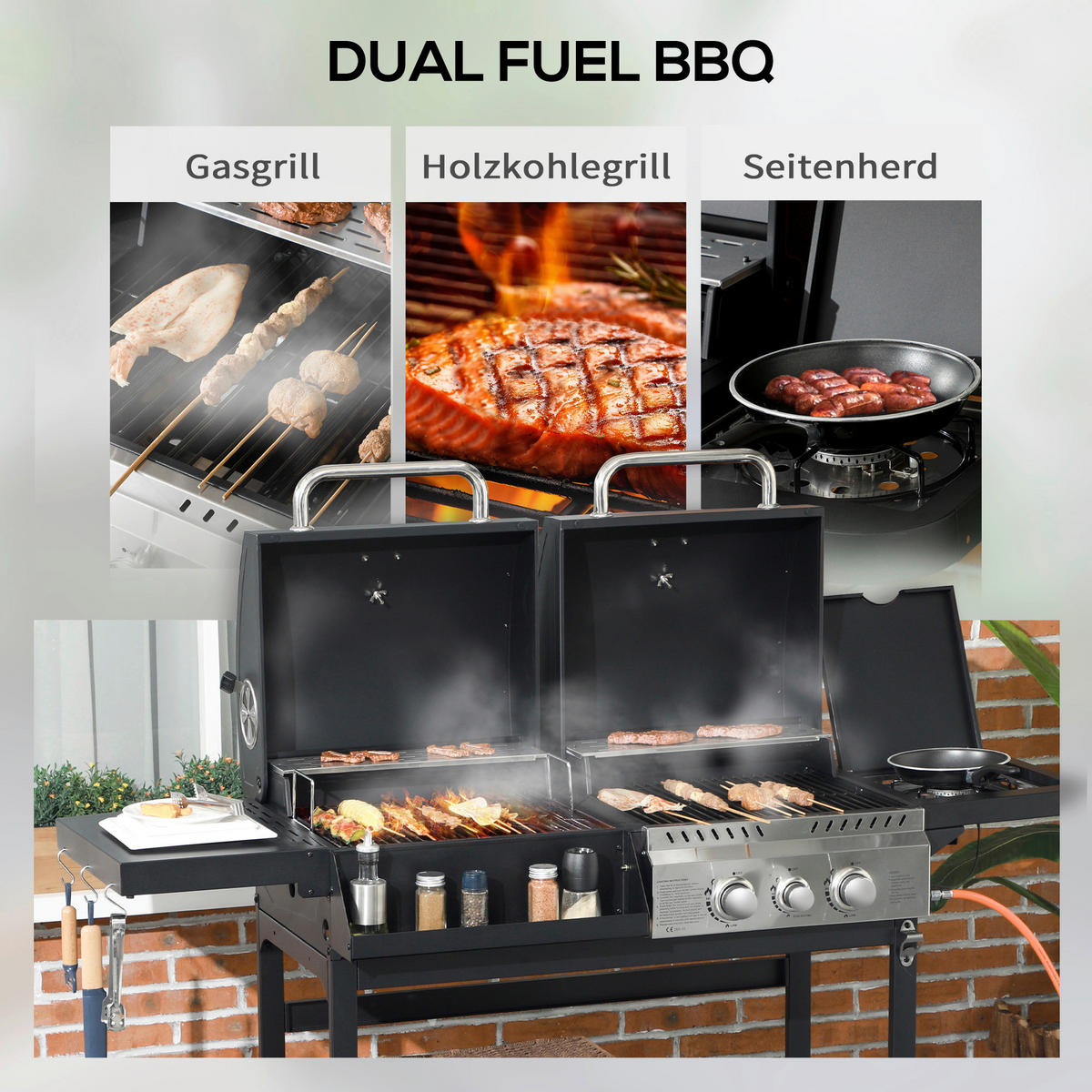 Outsunny Gas-/Kohlegrill Edelstahl B/H/L: ca. 53x101x161 cm Gas-/Kohlegrill - schwarz (161,00/53,00/101,00cm) - Outsunny