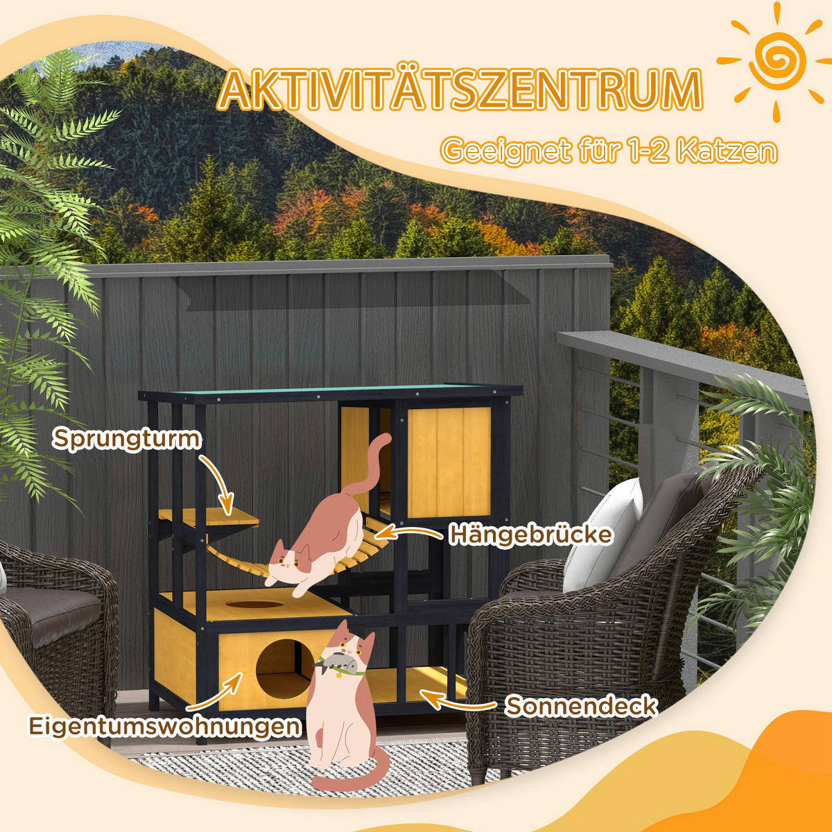 PawHut Katzen-Zubehör schwarz Polypropylen B/H/L: ca. 60x84,5x88 cm Katzenhaus - gelb/schwarz (88,00/60,00/84,50cm) - PawHut