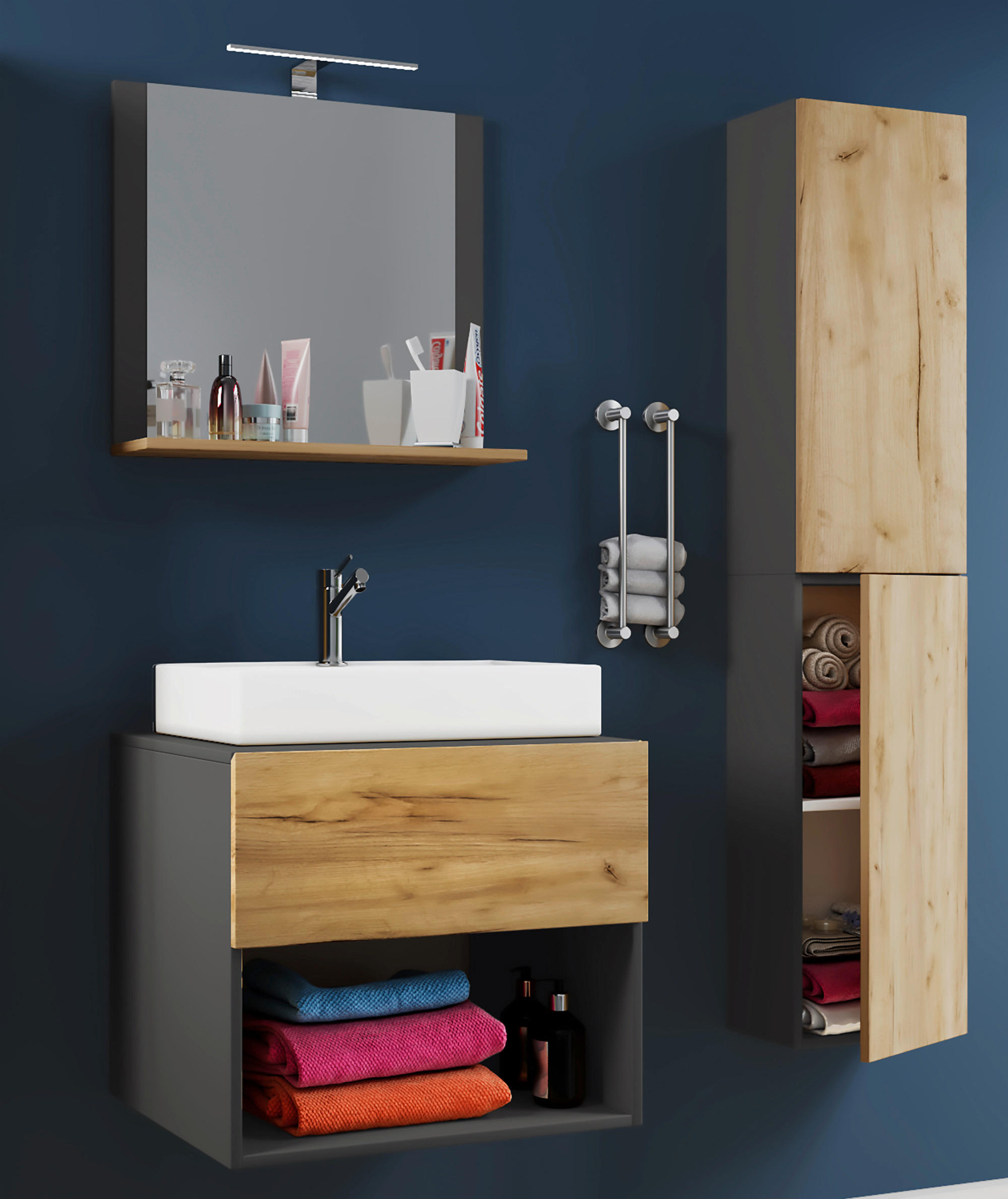 Thumbnail - Waschplatz 4tlg-Lendas weiß anthrazit Eiche Honig Nachbildung B/H/T: ca. 60x52x52 cm