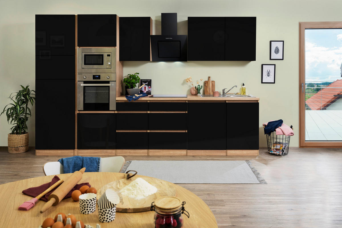 Respekta Küchenblock Premium schwarz hochglänzend B/H/T: ca. 345x220,5x60 cm Premium - Eiche/schwarz (345,00/220,50/60,00cm) - Respekta