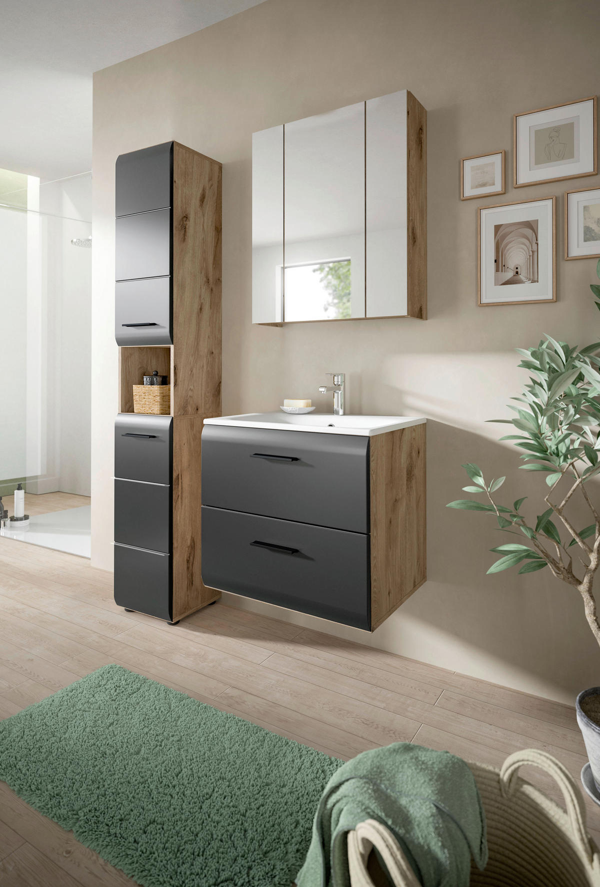 Badezimmer-Set Ice Nox Oak Nachbildung schwarz matt B/H/T: ca. 105x185x46 cm Ice - schwarz (105,00/185,00/46,00cm) - xonox.home