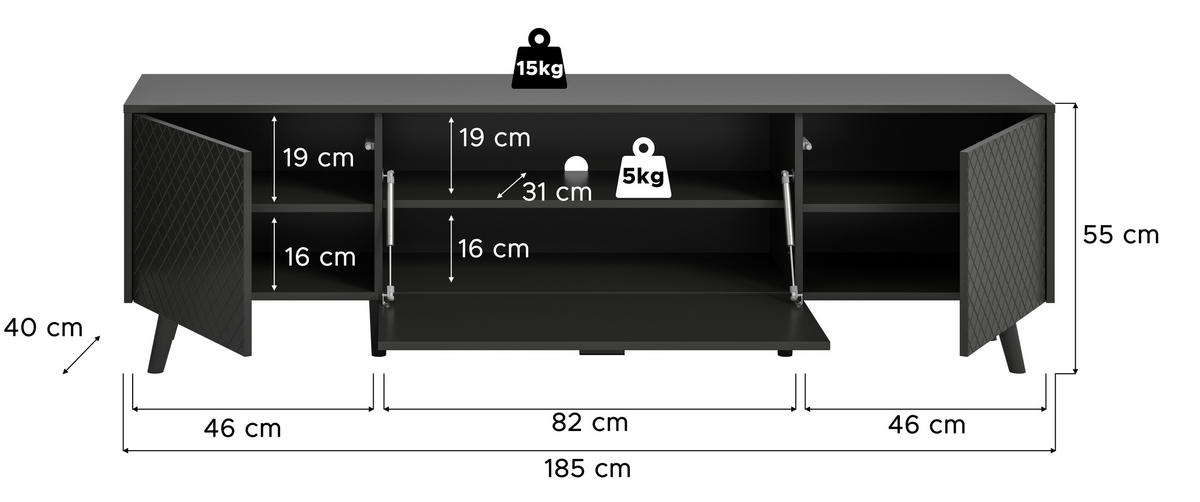 Lowboard LINEA grau schwarz B/H/T: ca. 185x55x40 cm LINEA - schwarz/grau (185,00/55,00/40,00cm) - xonox.home