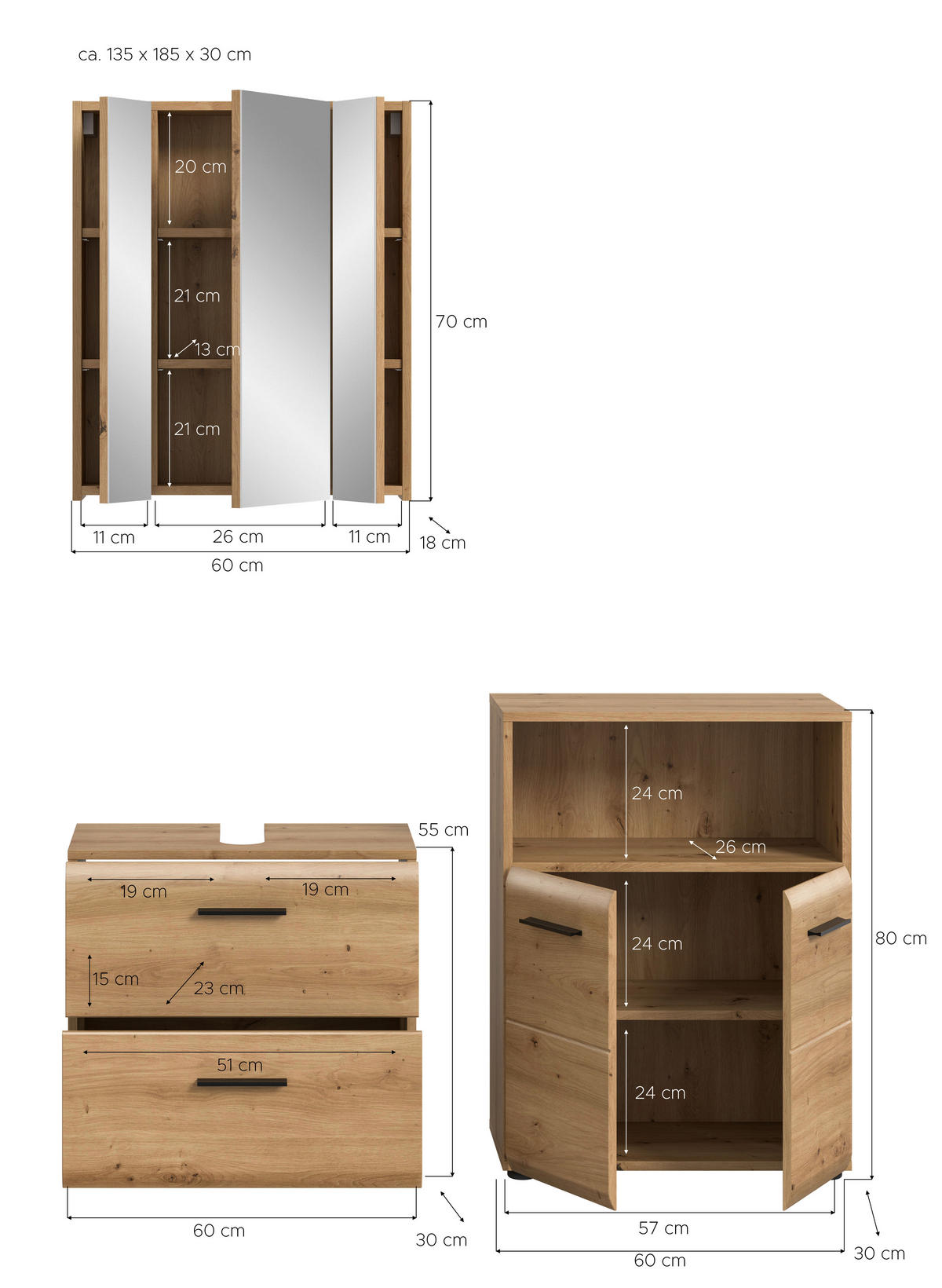 Badezimmer-Set Ice Artisan Oak Nachbildung B/H/T: ca. 135x185x30 cm Ice - (135,00/185,00/30,00cm) - xonox.home