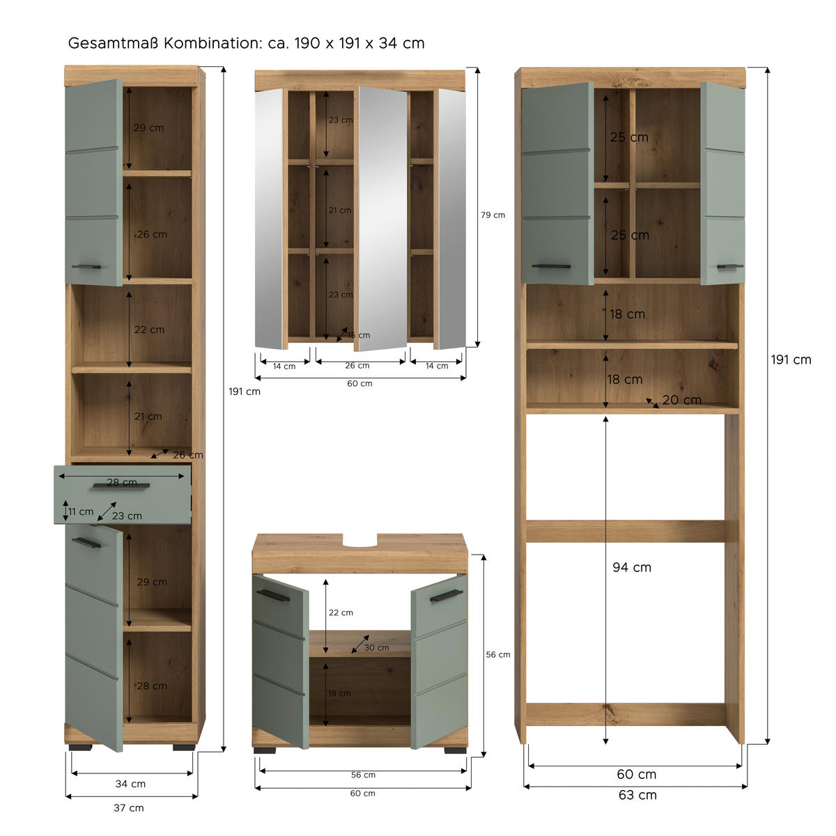 Badezimmer-Set Scout Eiche Artisan Nachbildung salbei Nachbildung B/H/T: ca. 190x191x34 cm Scout - Eiche/salbei (190,00/191,00/34,00cm) - xonox.home