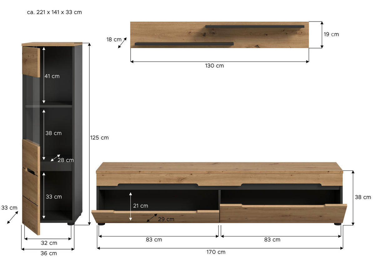 Wohnwand Canu basaltgrau Nachbildung Artisan Oak Nachbildung B/H/T: ca. 221x141x33 cm Canu - basaltgrau (221,00/141,00/33,00cm) - xonox.home