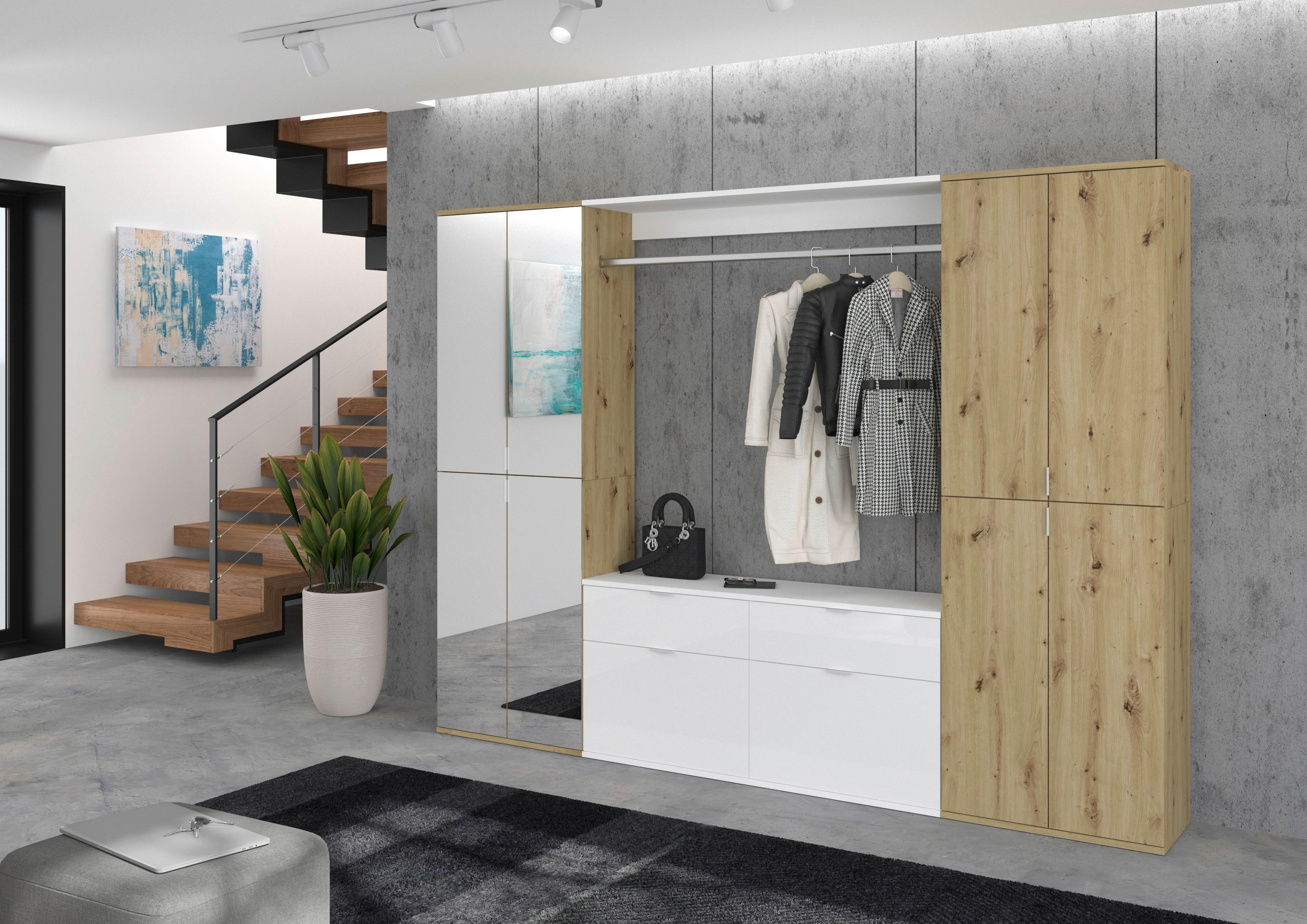 Garderobe PROJEKT Eiche Artisan Nachbildung weiß Hochglanz Spiegel B/H/T: ca. 243x193x34 cm PROJEKT - Eiche/weiß (243,00/193,00/34,00cm) - xonox.home
