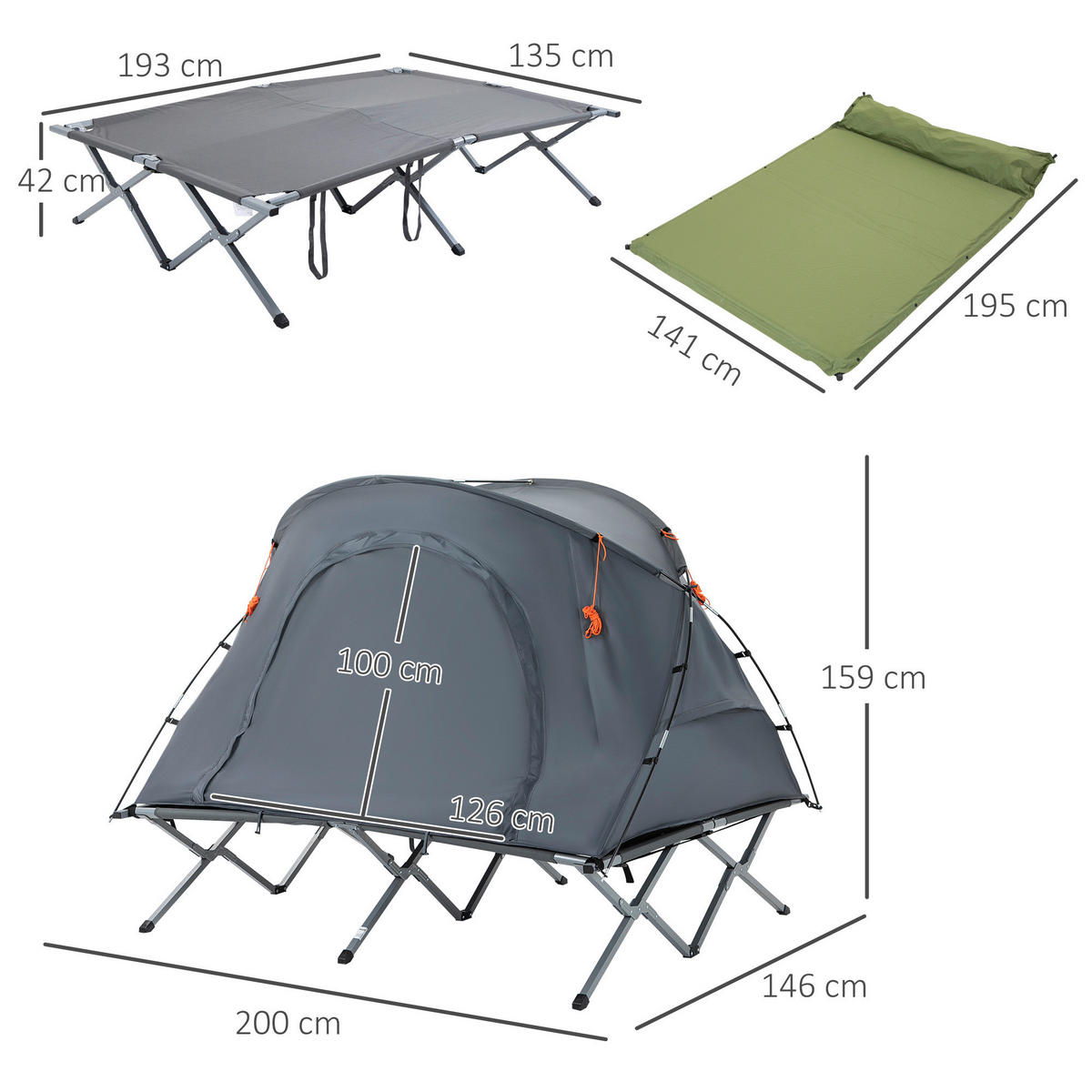 Outsunny Campingartikel B/H/L: ca. 146x200x159 cm Feldbett - grau (159,00/146,00/200,00cm) - Outsunny